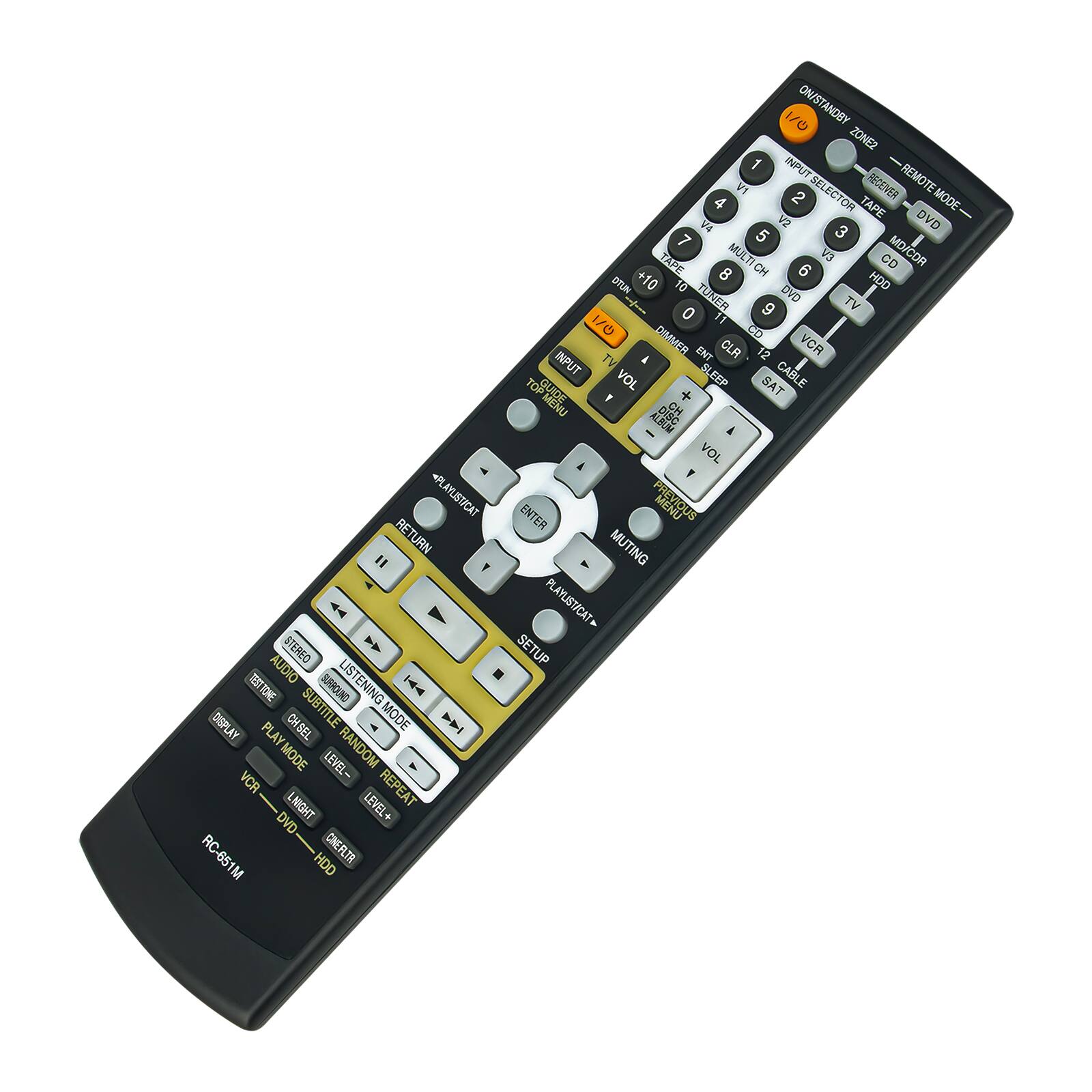 +PLAYLIST CAT RETURN RE " Y - 44 STEREO AUTO LISTENING TEST TOE SURROUND |4 DISPLAY CHSEL SUBTITLE MODE  PLAY RANDOM MODE LEVEL- VCR REPEAT LNIGHT LEVEL+ DVD RC-651M HDD CINE FLTR IM 1/0 ON/STANDBY ZONEZ 1 INPUT VI SELECTOR RECEIVER REMOTE 4 2 TAPE MODE- V4 V2 3 DVD 7 5 TAPE MULTI V3 CD MO/COR +  CH 6 DTUN +10 10 NDD TUNFA DVO TV 0 9 1/0 11 CO DIMMER ENT CLA 12 VCR INPUT a VOL SLEEP SAT CABLE OP MENU  CN ALSOM a VOL  ENTER MENU MUTING PLAYLIST/CAT SETUP