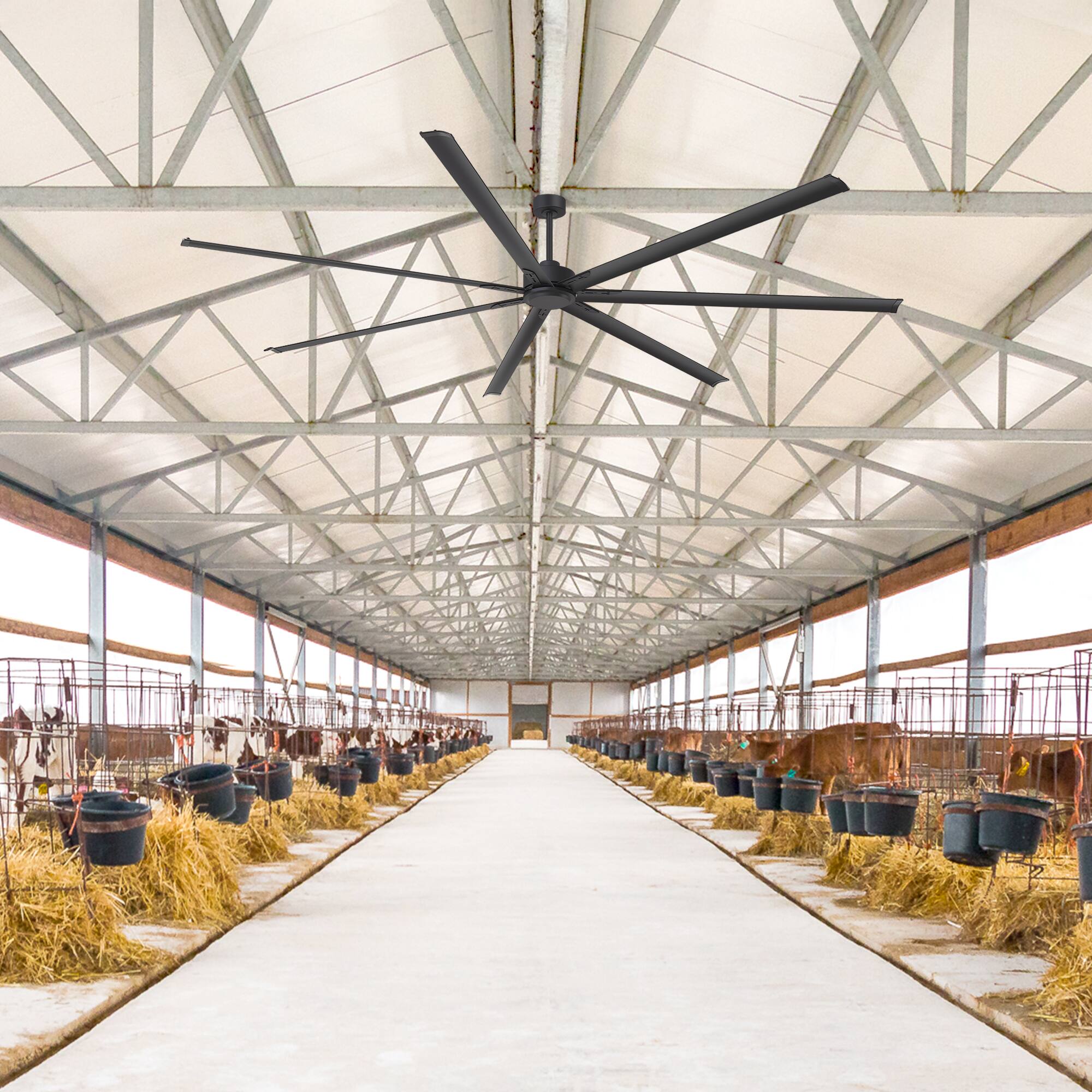 Angle. Breezary - 84/96/120 Inch Extra Large HVLS Commercial Ceiling Fan, No Light, Aluminum Blades, DC Motor, Remote, 3 Downrods Included - Black.