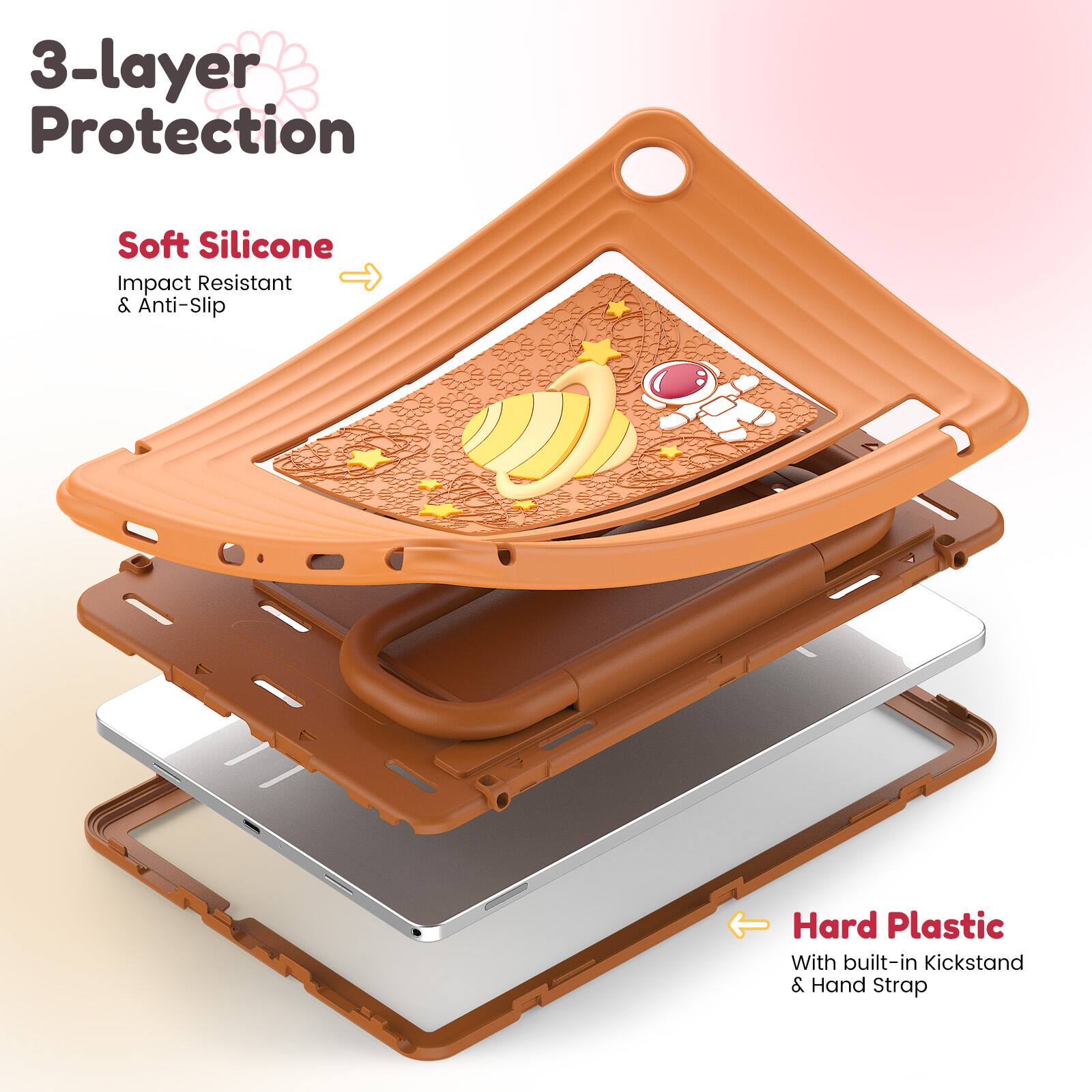 3-layer Protection

Soft Silicone  
Impact Resistant & Anti-Slip

Hard Plastic  
With built-in Kickstand & Hand Strap