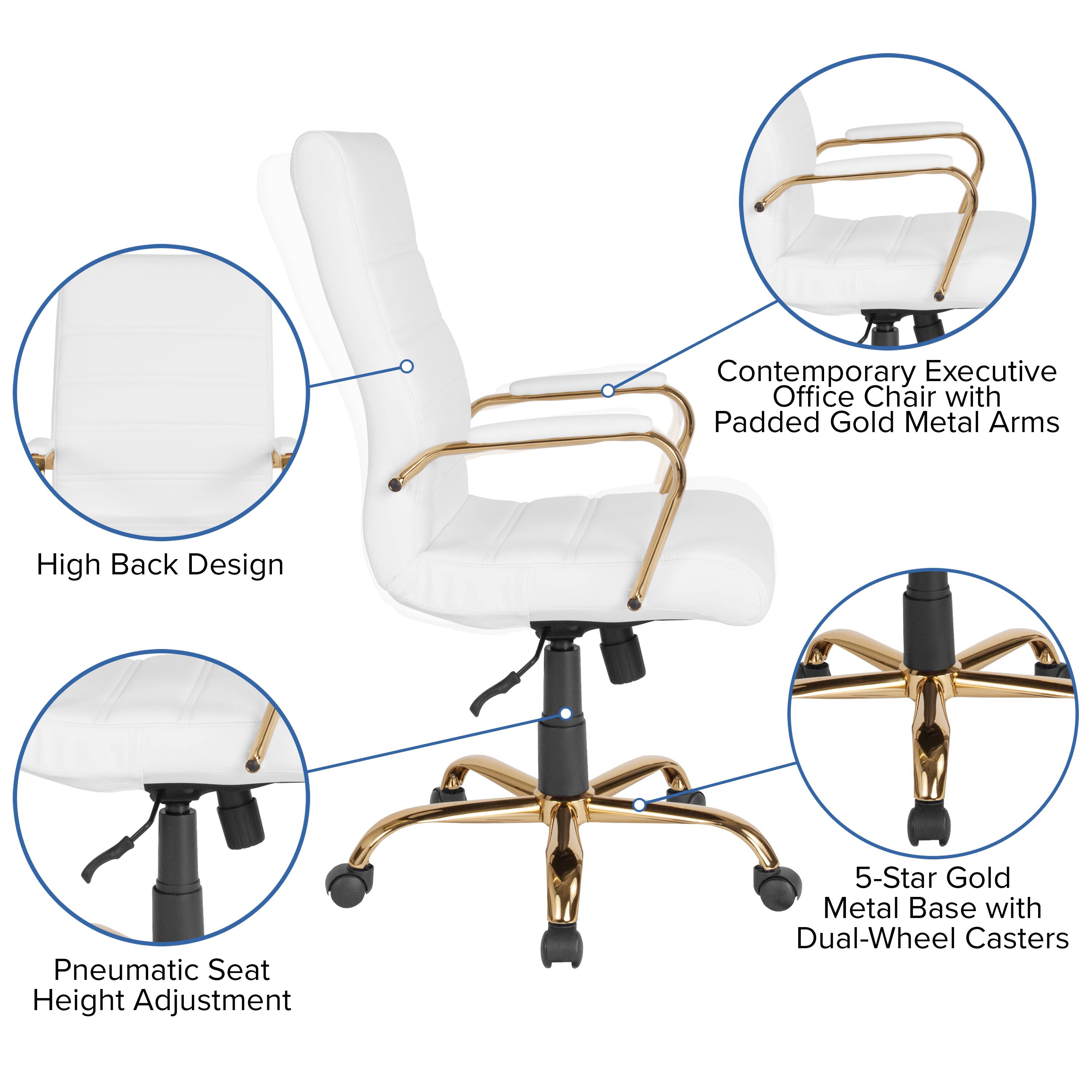 Contemporary Executive Office Chair with Padded Gold Metal Arms  
High Back Design  
Pneumatic Seat Height Adjustment  
5-Star Gold Metal Base with Dual-Wheel Casters