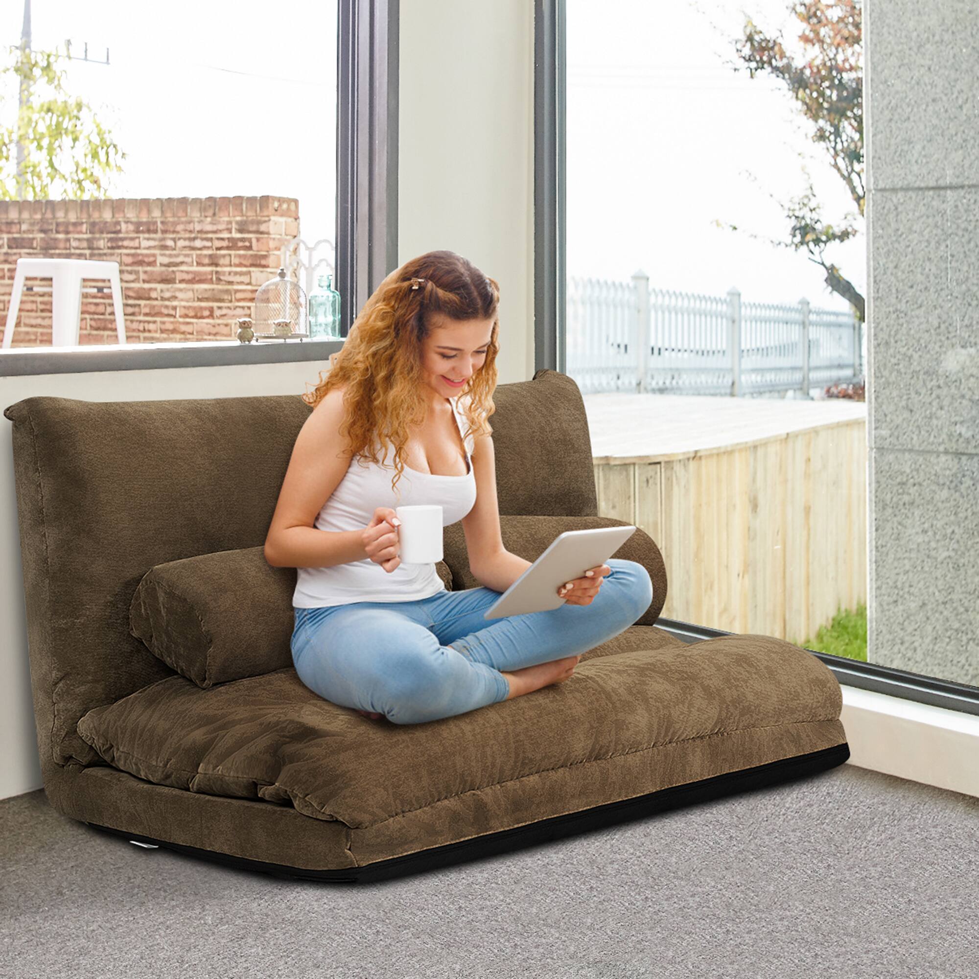 Alt View 3. Costway - Costway Floor Sofa Bed 6-Position Adjustable Sleeper Lounge Couch with 2 Pillows - Coffee.