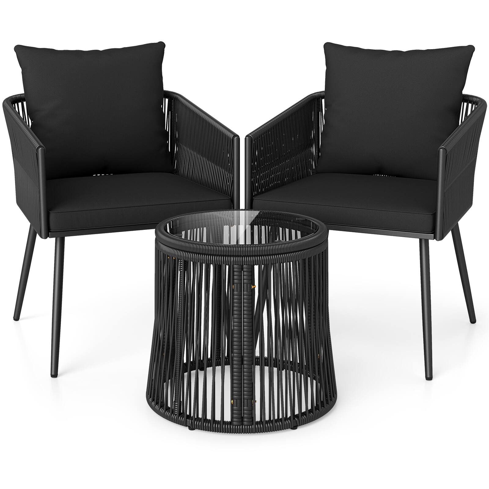 Alt View 9. Gymax - Gymax 3PCS Outdoor Furniture Set Patio Wicker Chairs & Round Side Table Set w/Cushions - Black.