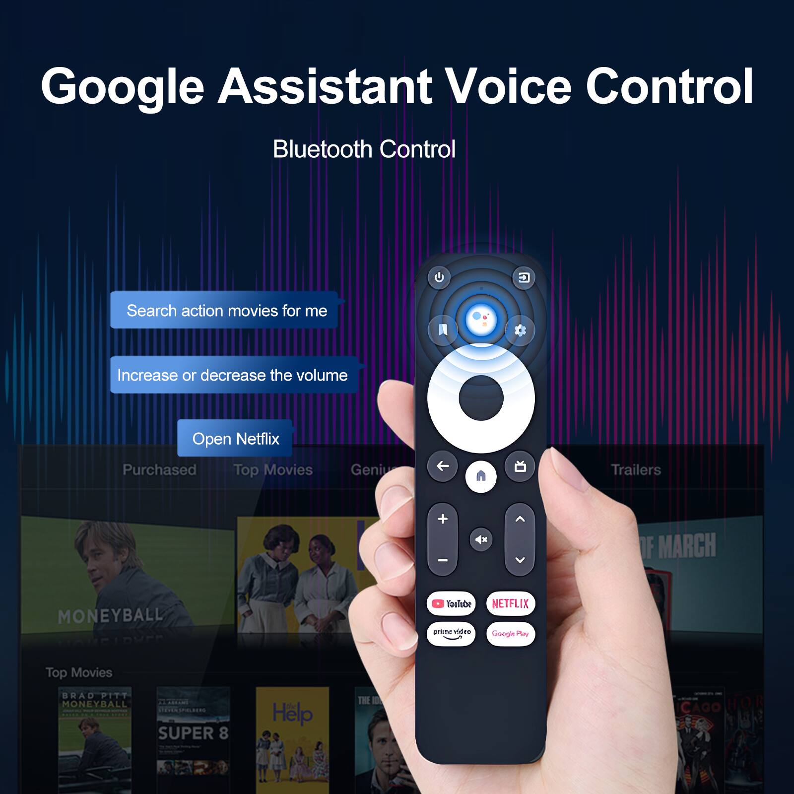 Google Assistant Voice Control, Bluetooth Control, Search action movies for me, Increase or decrease the volume, Open Netflix, Purchased, Top Movies, Geniu, Trailers, YouTube, Netflix, Google Pay, Top Movies, Brad Pitt, Moneyball, Super 8, Help, The I Cago Hor