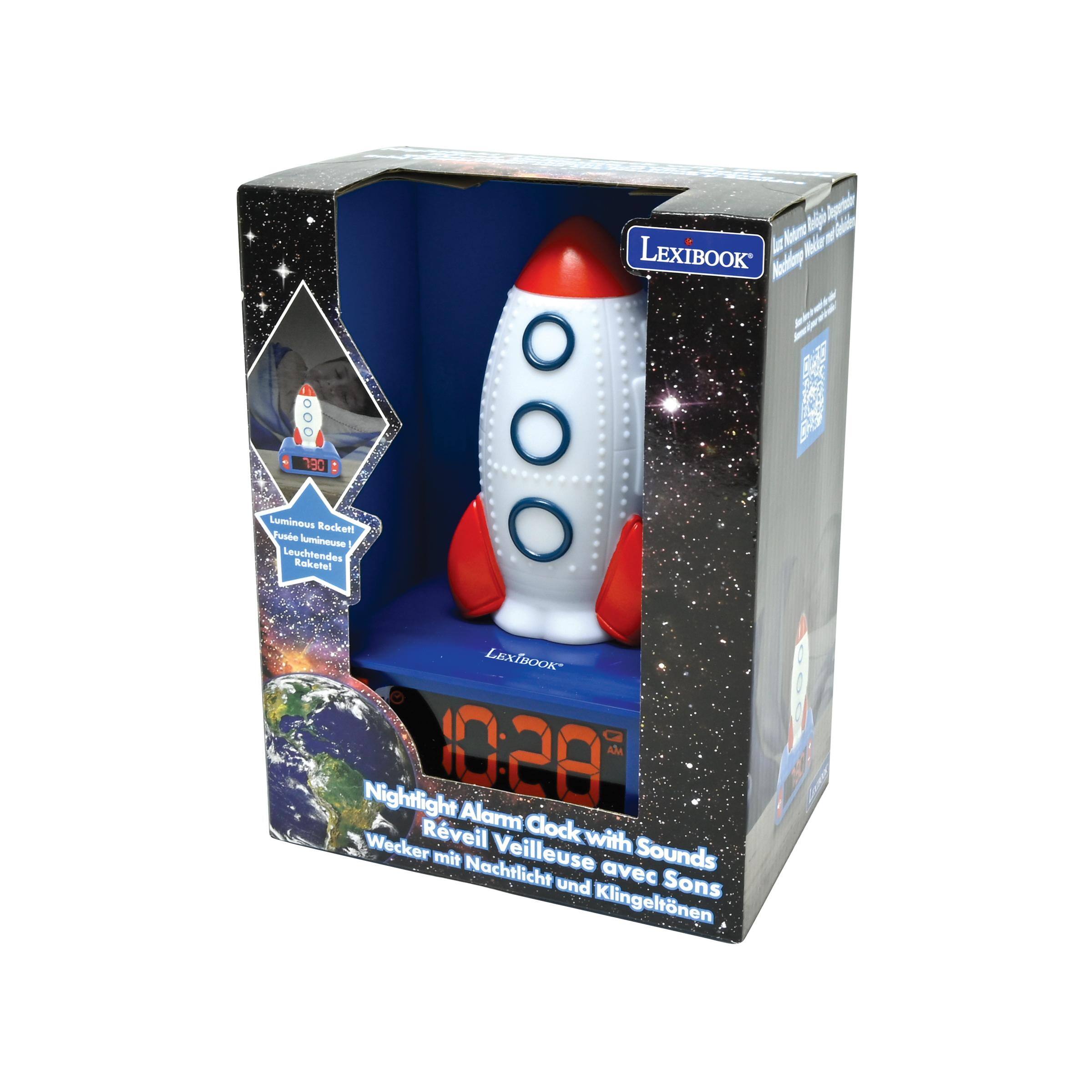 LEXIBOOK  
Luminous Rocket  
Fusée lumineuse / Luchtdes Raaketel  
Nightlight Alarm Clock with Sounds  
Réveil Veilleuse avec Sons  
Wecker mit Nachtlampe und Klingeltonen  

10:28  
MA