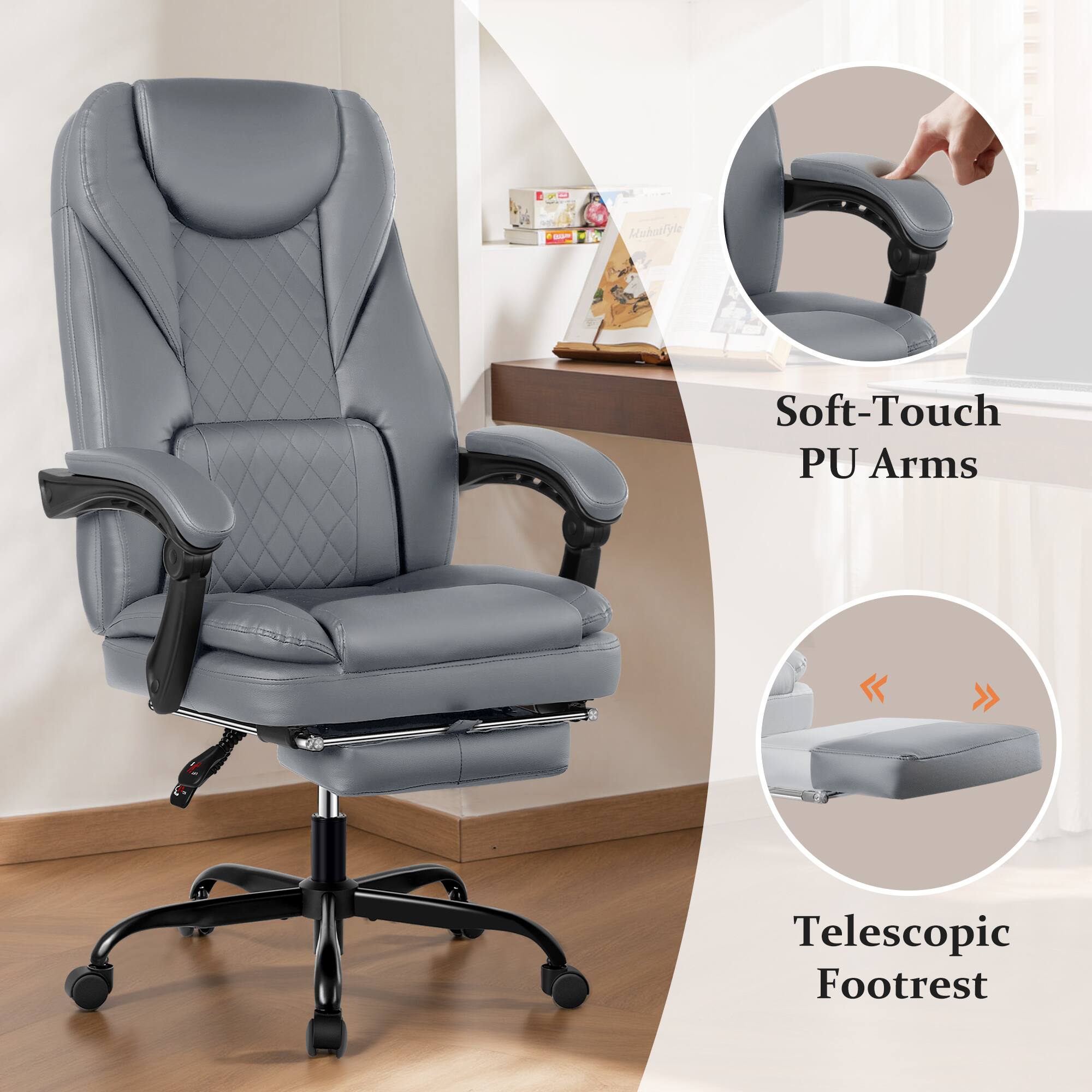 - Muhetfyle Soft-Touch PU Arms Telescopic Footrest