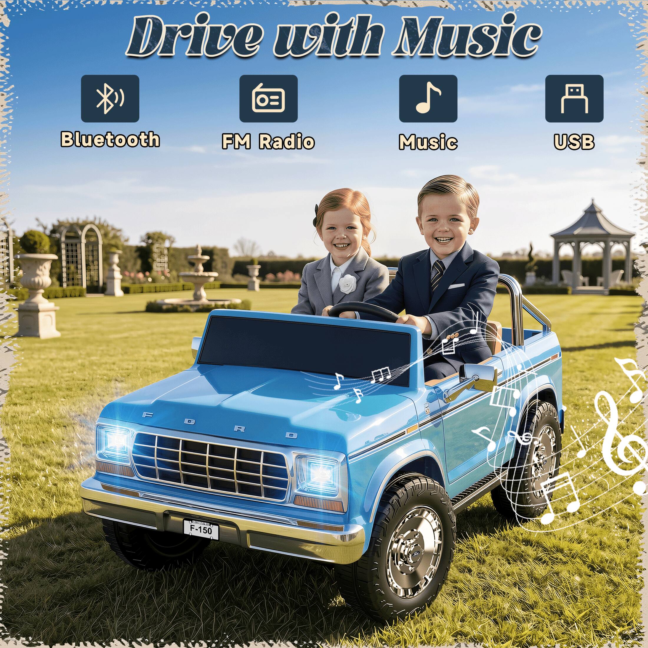 Drive with Music

Bluetooth  
FM Radio  
Music  
USB  

F  
D  
R  
10  
F-150