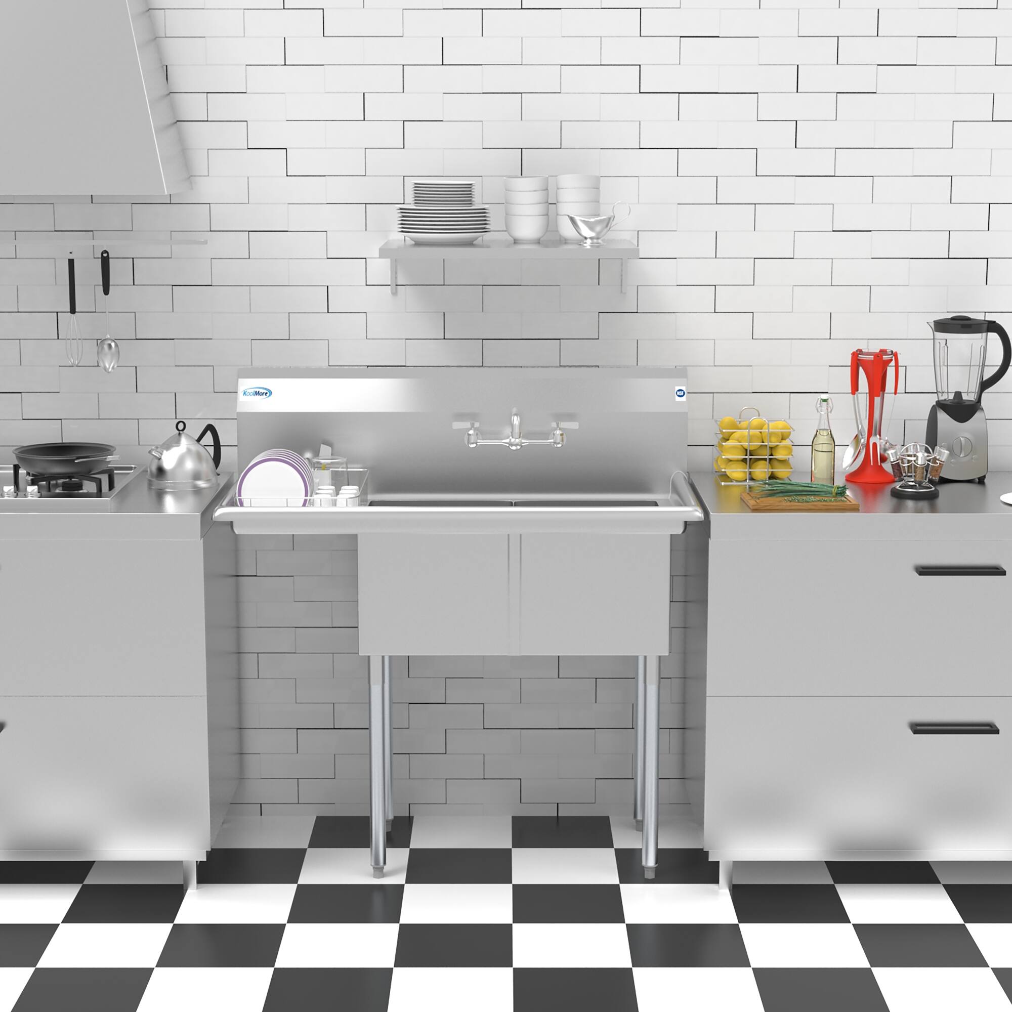 Alt View 5. Koolmore - 43 in. Two Compartment Stainless Steel  Sink with Drainboard, Bowl Size 14"x 16"x 11" SB141611-12L3. - Stainless Steel.