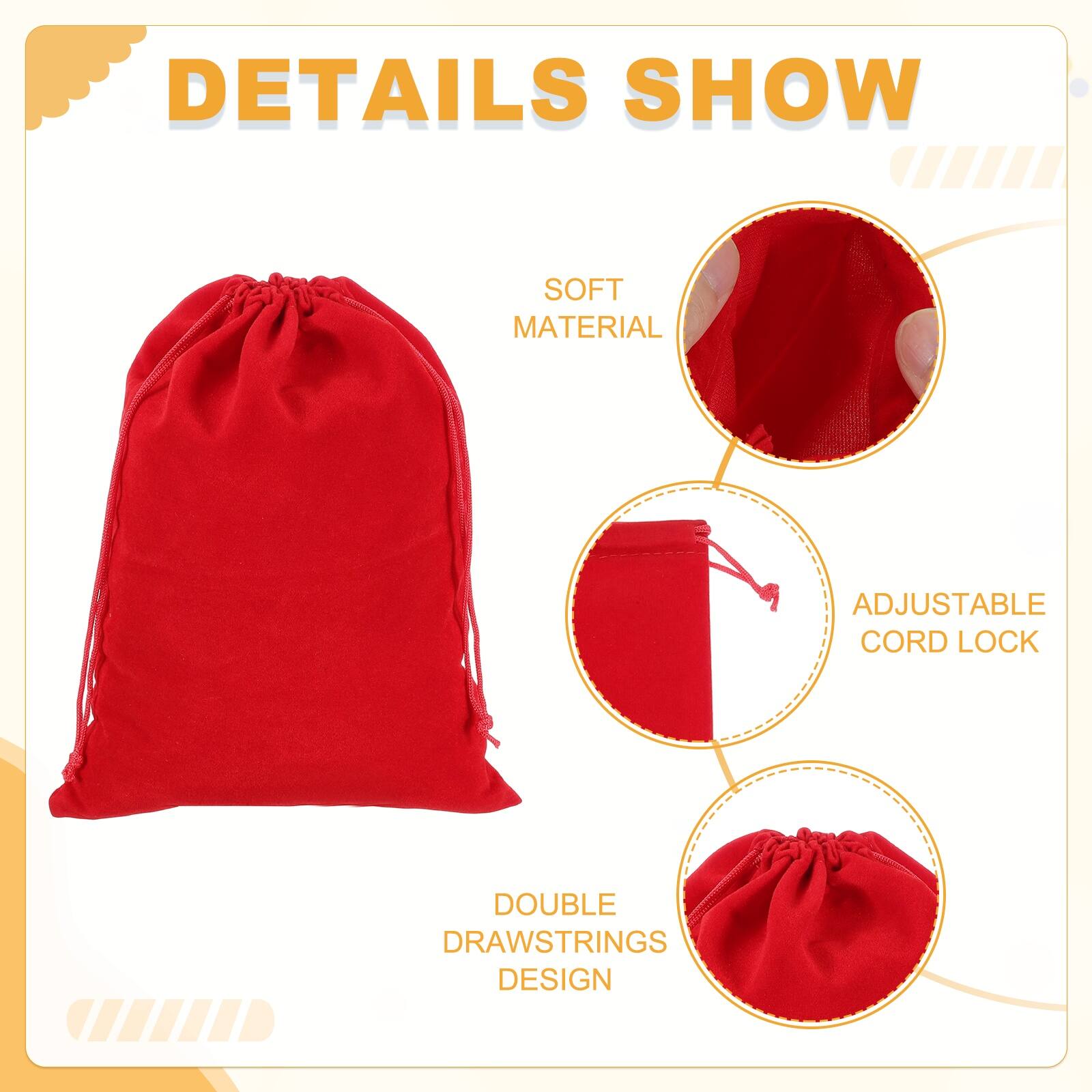 DETAILS SHOW

- SOFT MATERIAL
- ADJUSTABLE CORD LOCK
- DOUBLE DRAWSTRINGS DESIGN