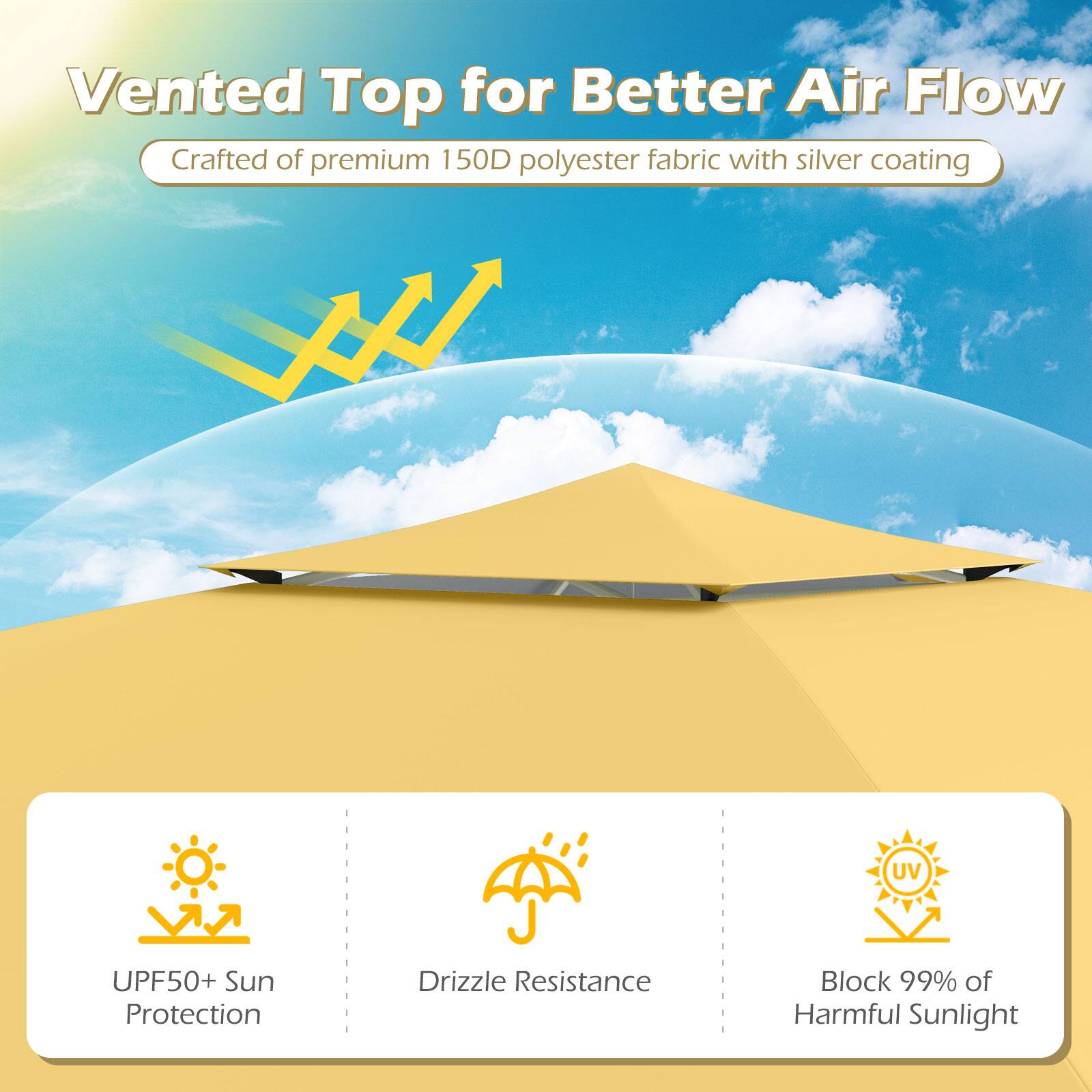 Vented Top for Better Air Flow  
Crafted of premium 150D polyester fabric with silver coating  

- UPF50+ Sun Protection  
- Drizzle Resistance  
- Block 99% of Harmful Sunlight