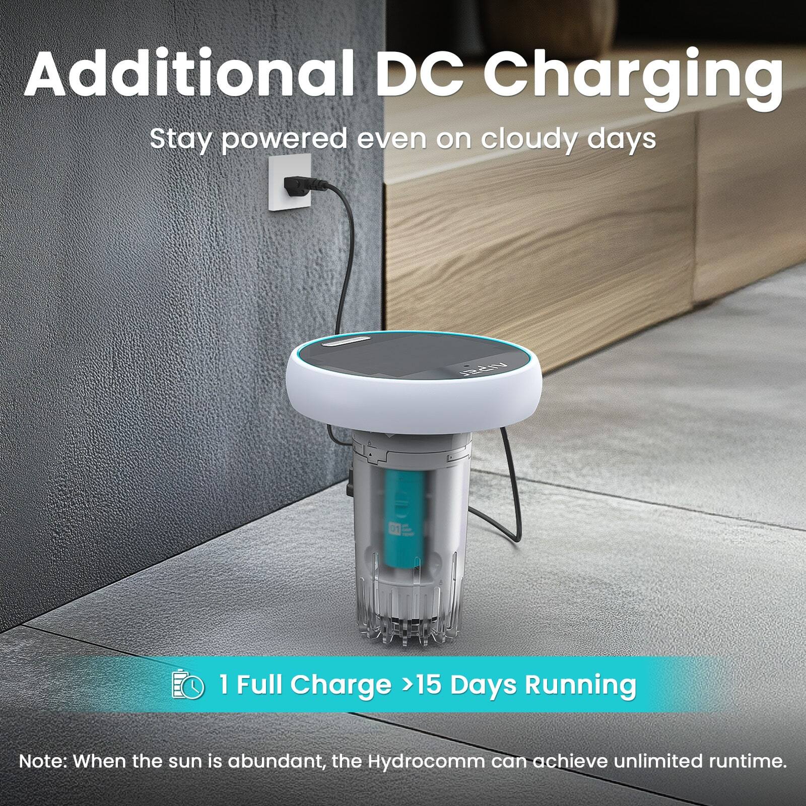 Additional DC Charging  
Stay powered even on cloudy days  

1 Full Charge >15 Days Running  

Note: When the sun is abundant, the Hydrocomm can achieve unlimited runtime.