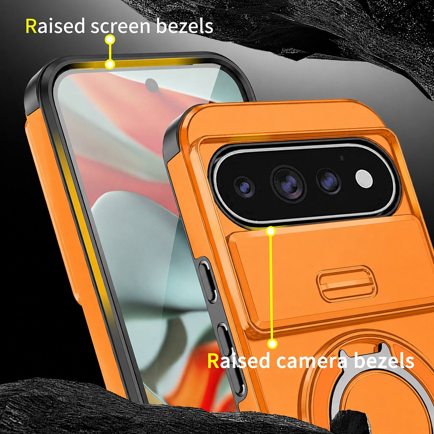 Raised screen bezels  
Raised camera bezels