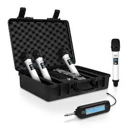 Pyle - UHF Wireless Microphone System – Portable, Quad Channel Design with (4) Handheld Mics (White)