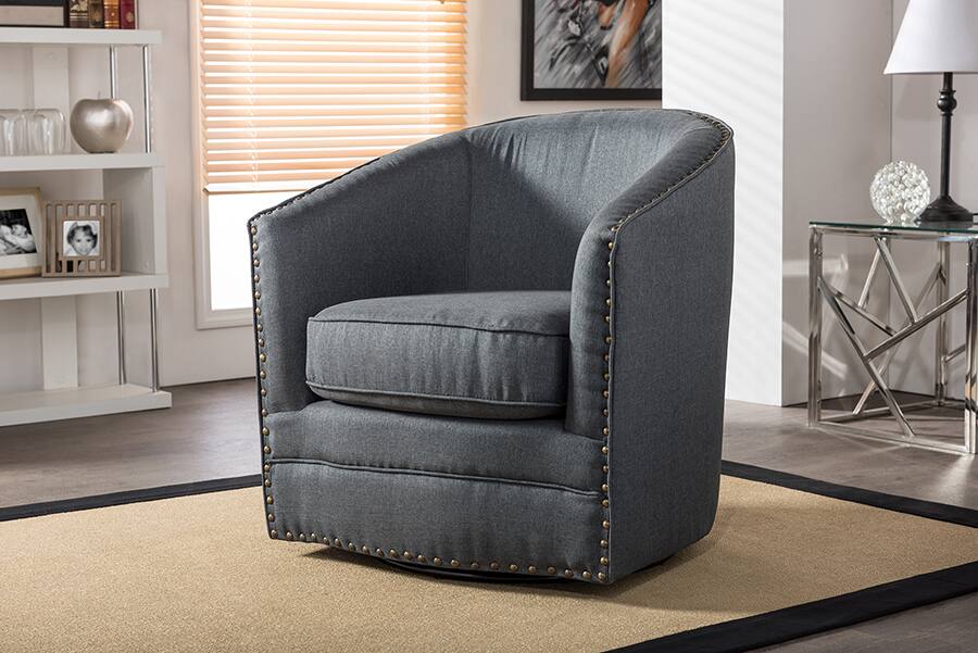 Back. Baxton Studio - Porter Modern and Contemporary Classic Retro Fabric Upholstered Swivel Tub Chair - Grey.