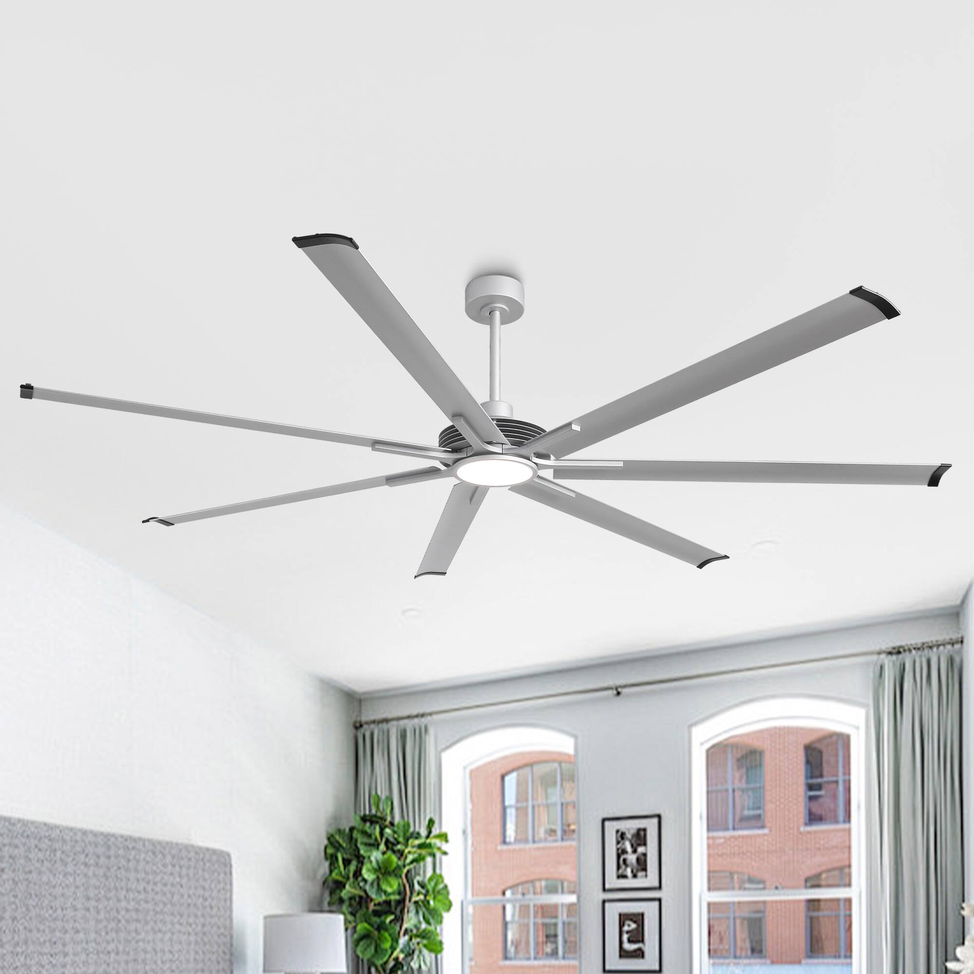 Back. Parrot Uncle - 100" Indsutrial HVLS Extra Large Commercial Ceiling Fan with Light, Aluminum Blades and Remote - Silver.