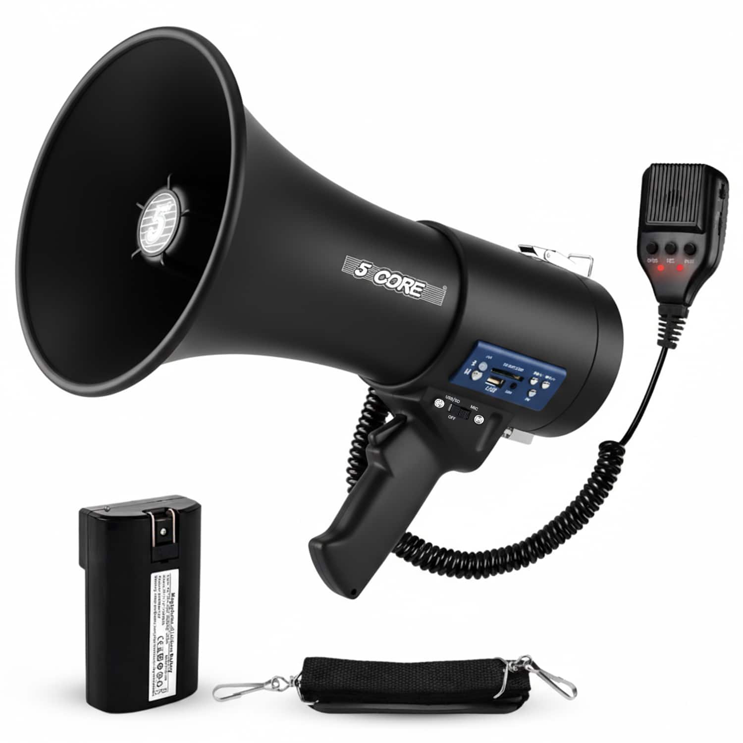 5 CORE - Megaphone Bullhorn 50W Speaker w Bluetooth Siren Adjustable Volume Loud Portable PA System - Black