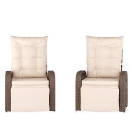 Emma + Oliver - Aritzo Set of 2 Wicker Rattan Patio Recliner Lounge Chairs with Side Flip-Up Tables for Indoor/Outdoor Use - Beige Cushions/Brown Frame
