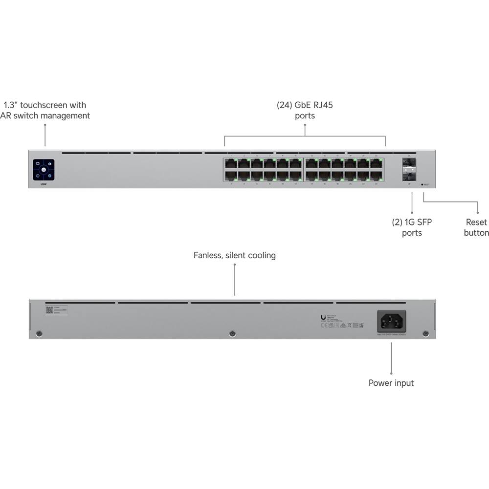 1.3" touchscreen with AR switch management  
(24) GbE RJ45 ports  
(2) 1G SFP ports  
Reset button  
Fanless, silent cooling  
Power input