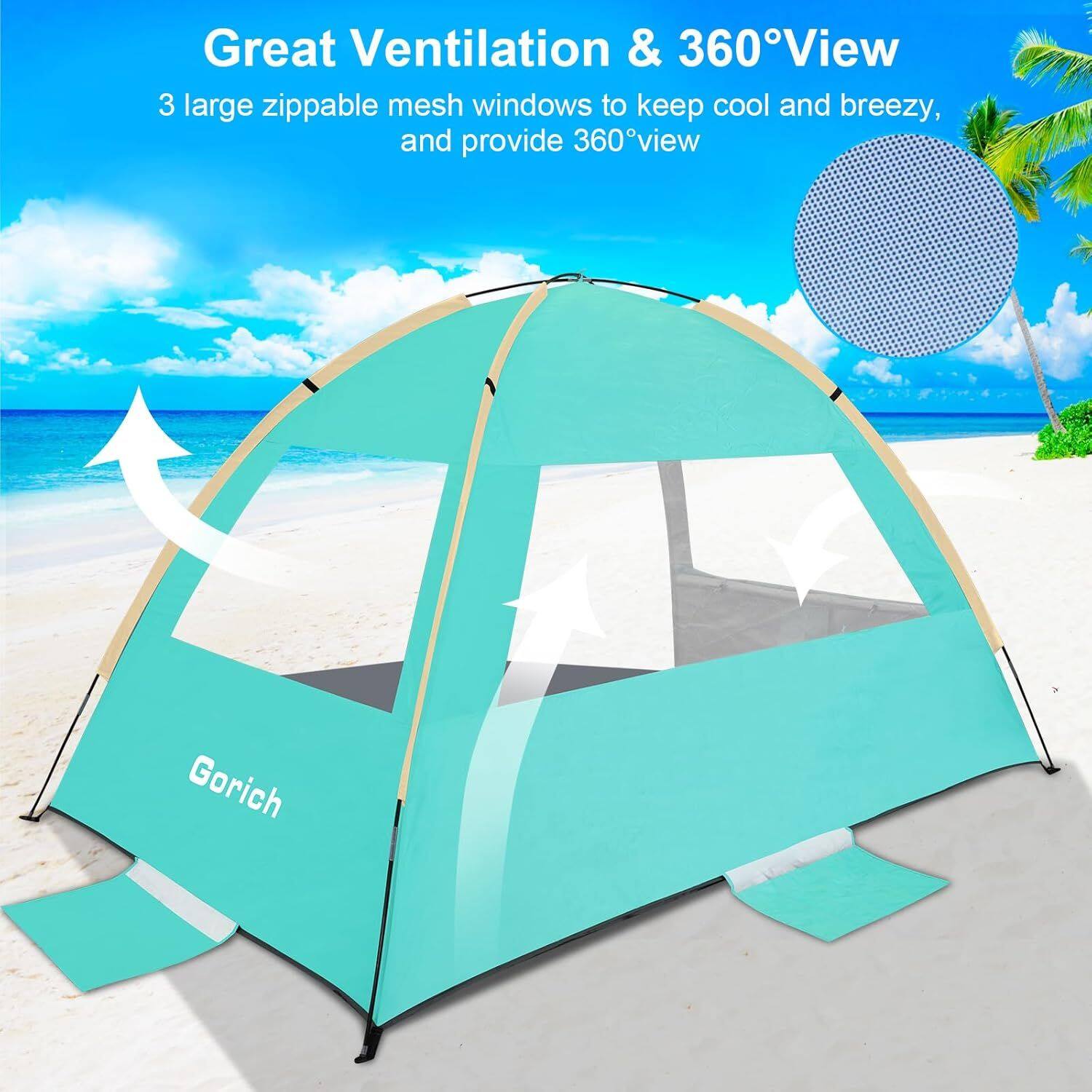 Great Ventilation & 360° View

3 large zippable mesh windows to keep cool and breezy, and provide 360° view

Gorich