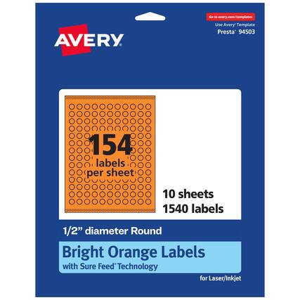 Go to avery.com/templates
AVERY
Use Avery Template Presta* 94503
154 labels per sheet
10 sheets
1540 labels
1/2" diameter Round
Bright Orange Labels with Sure Feed Technology for Laser/Inkjet