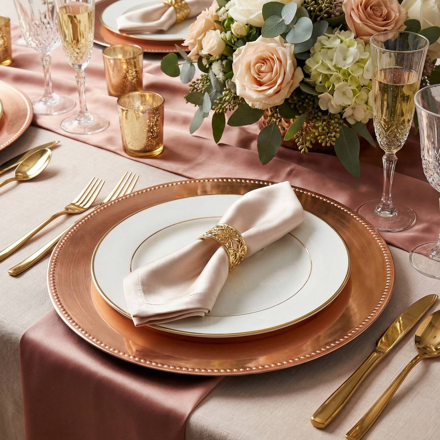 Left. American Atelier - Beaded Copper Set of 4 Charger Plates 13"D - Copper.