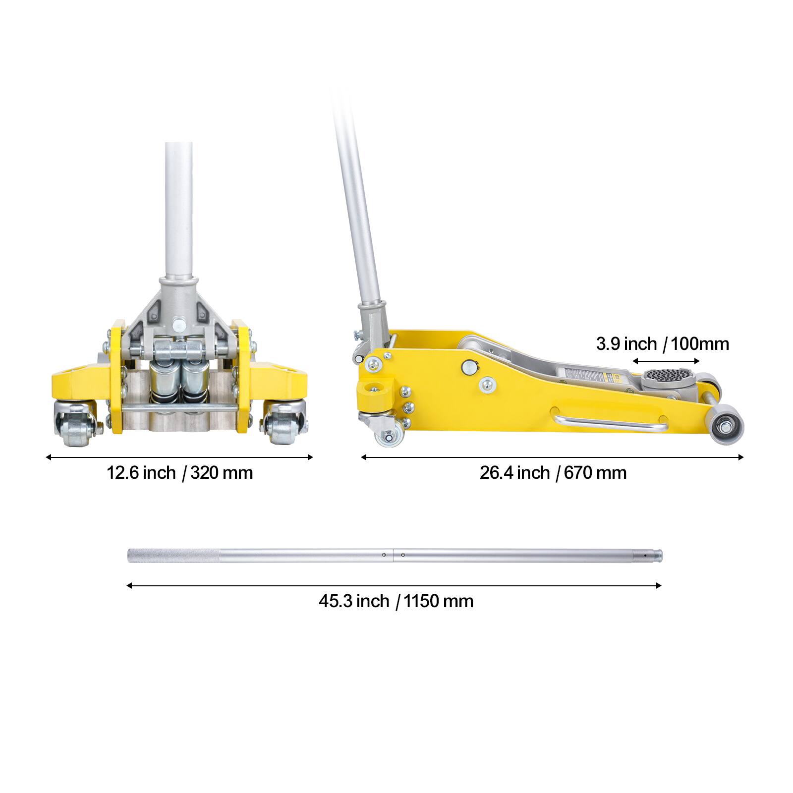3.9 inch / 100mm  
12.6 inch / 320 mm  
26.4 inch / 670 mm  
45.3 inch / 1150 mm