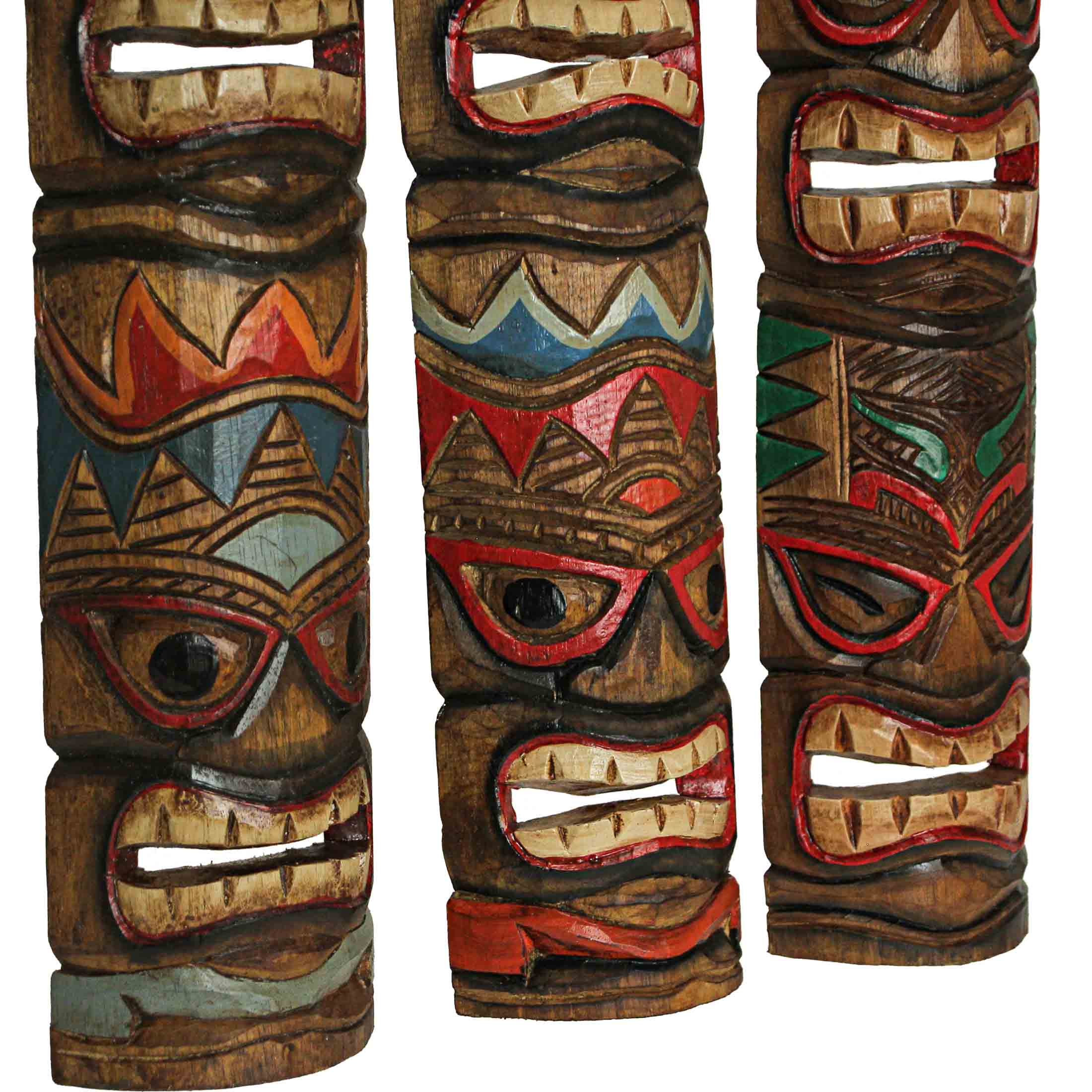 Alt View 2. Zeckos - Set of 3 Double Tiki Mask Ocean Totem Hand Carved Wall Decor Sculpture 24 Inch - Multicolored.