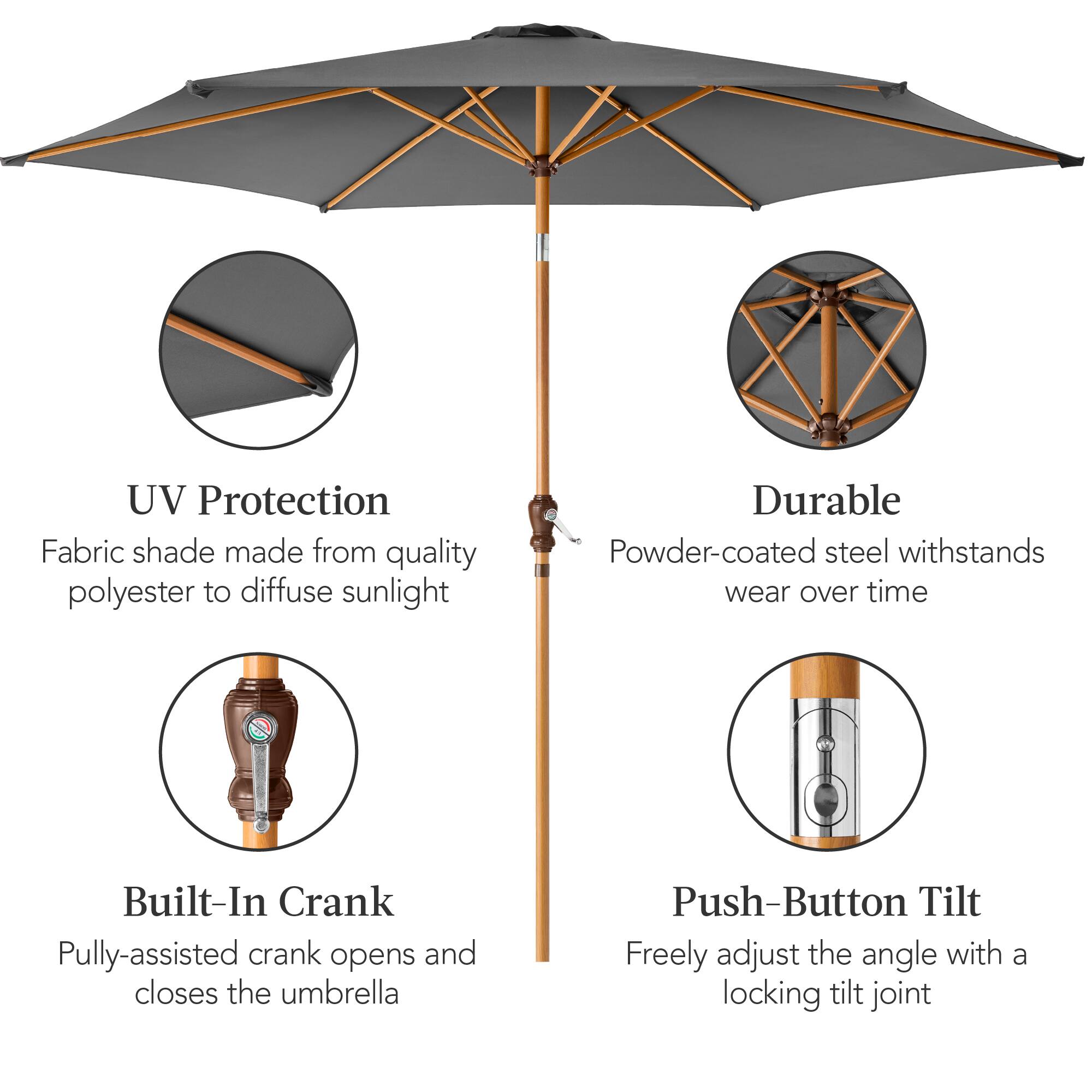 UV Protection: Fabric shade made from quality polyester to diffuse sunlight.

Durable: Powder-coated steel withstands wear over time.

Built-In Crank: Pulley-assisted crank opens and closes the umbrella.

Push-Button Tilt: Freely adjust the angle with a locking tilt joint.