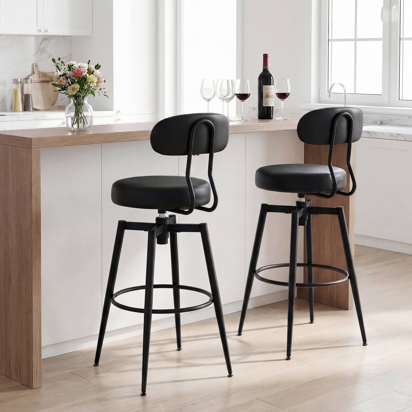 Alt View 3. Costway - Costway Swivel Barstools Set of 2 Faux Leather Bar Height Chairs with Upholstered Seat - Black.