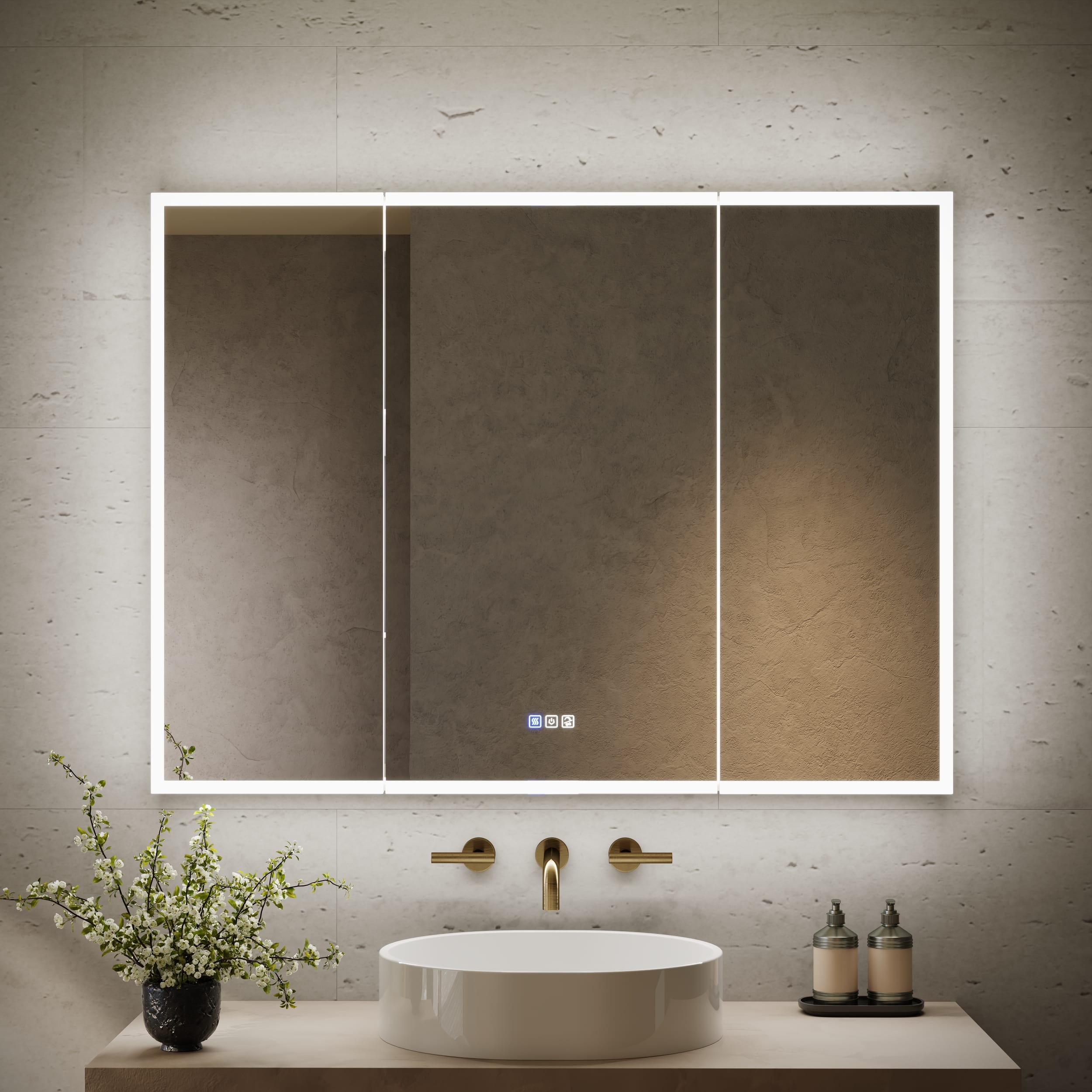 WELLFOR - 48 in. W x 36 in. H Rectangular Aluminum LED Medicine Cabinet with Mirror, 3X Magnify, Soft Close, Electrical Outlet - Silver
