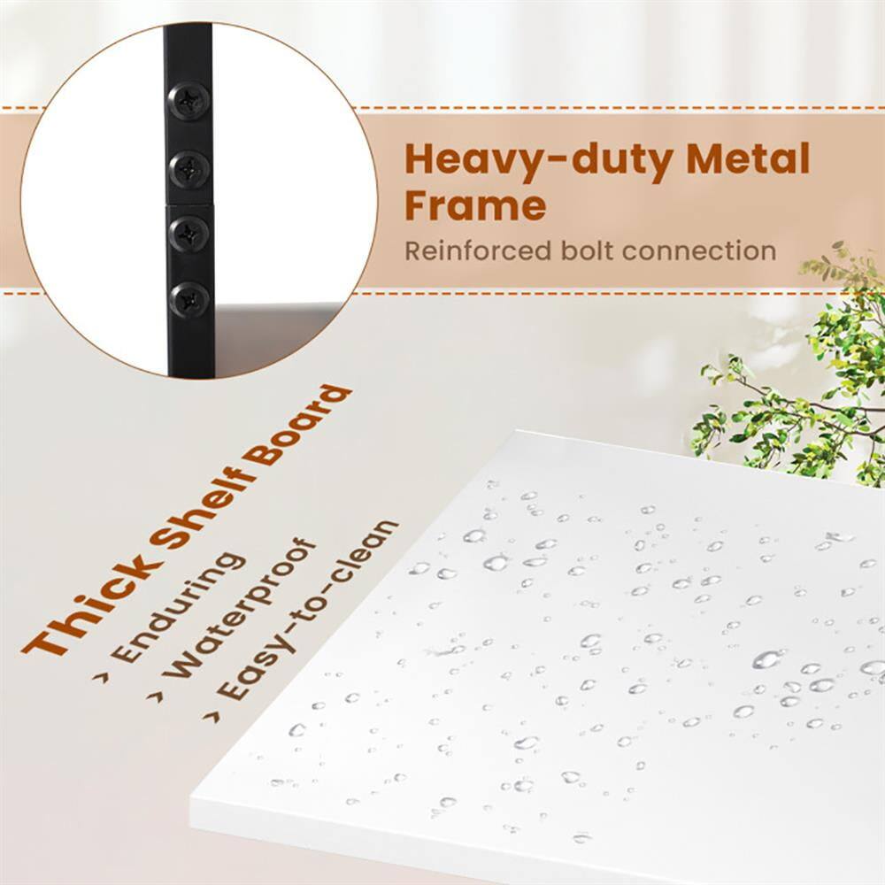 Heavy-duty Metal Frame  
Reinforced bolt connection  

Thick Shelf Board  
Enduring  
Waterproof  
Easy-to-clean