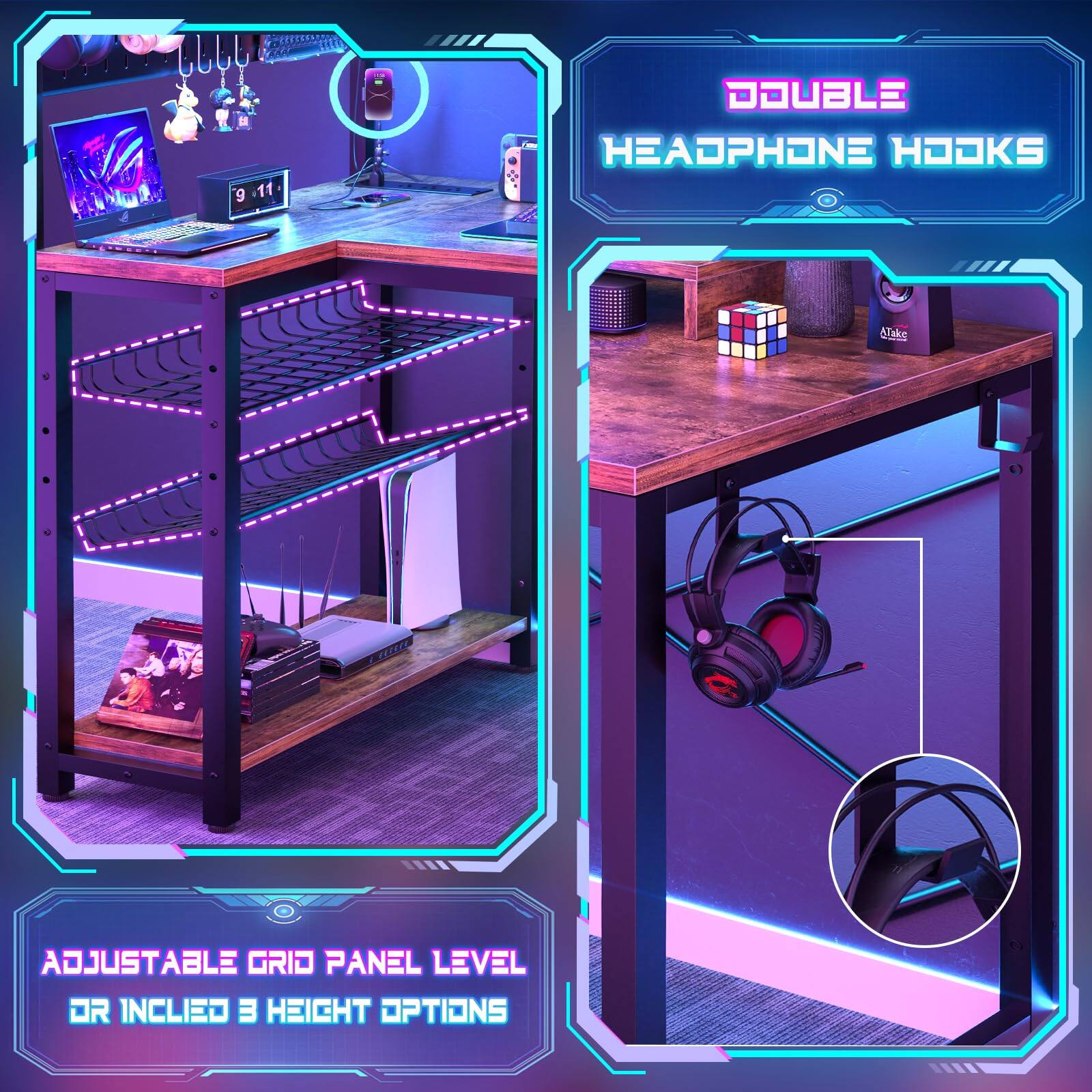 - DOUBLE HEADPHONE HOOKS
- ADJUSTABLE GRID PANEL LEVEL OR INCLINED 3 HEIGHT OPTIONS