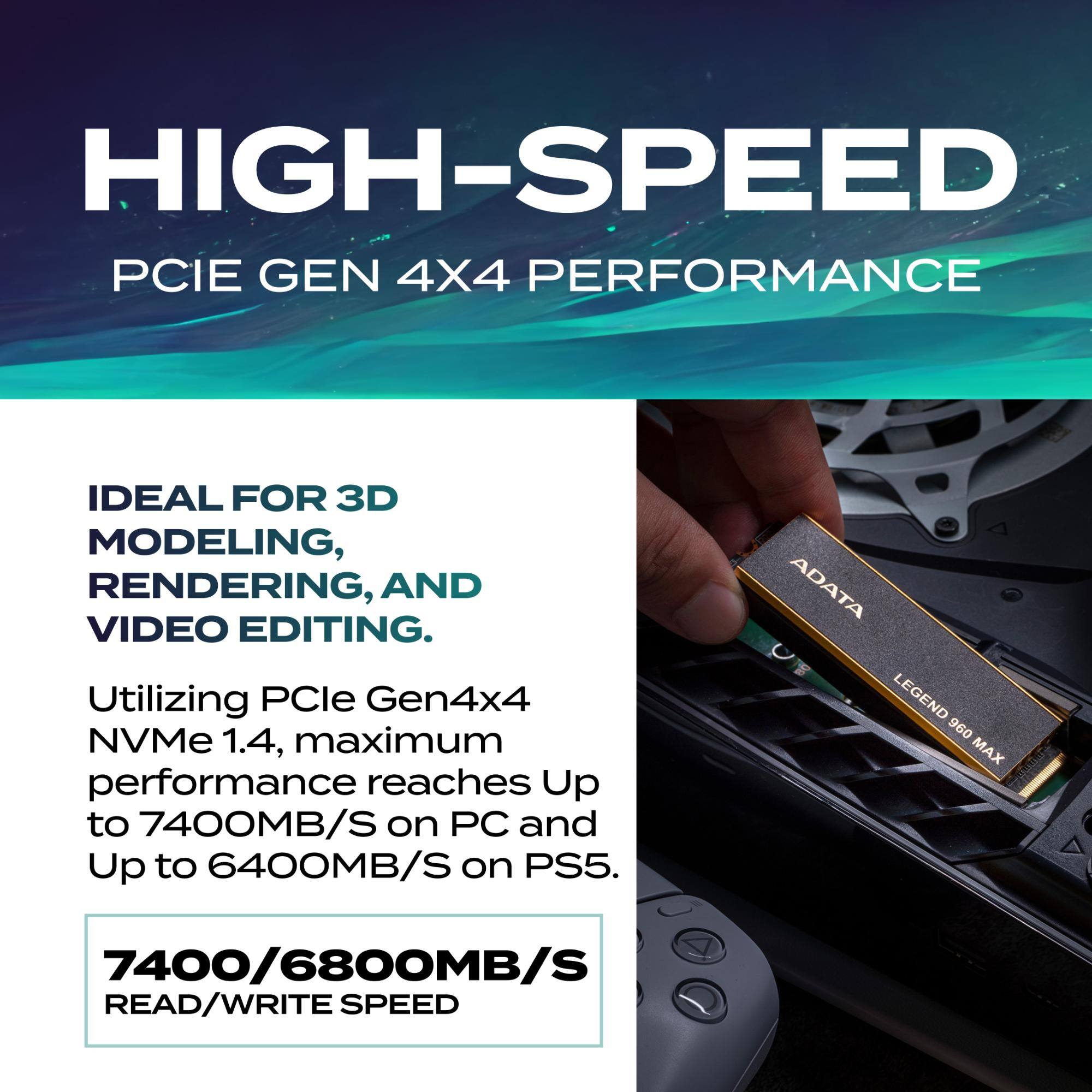 HIGH-SPEED PCIE GEN 4X4 PERFORMANCE  
IDEAL FOR 3D MODELING, RENDERING, AND VIDEO EDITING.  
Utilizing PCIe Gen4x4 NVMe 1.4, maximum performance reaches up to 7400MB/S on PC and up to 6400MB/S on PS5.  
ADATA LEGEND 960 MAX 7400/6800MB/S READ/WRITE SPEED