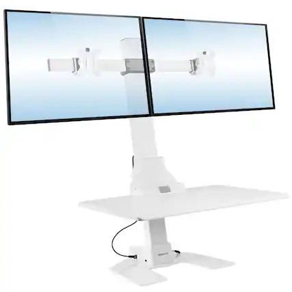 Front. Mount-It! - Electric Sit-Stand Desk Converter with Dual Monitor Mount & Full Motion Adjustability for Ergonomic Workstations, White - White.