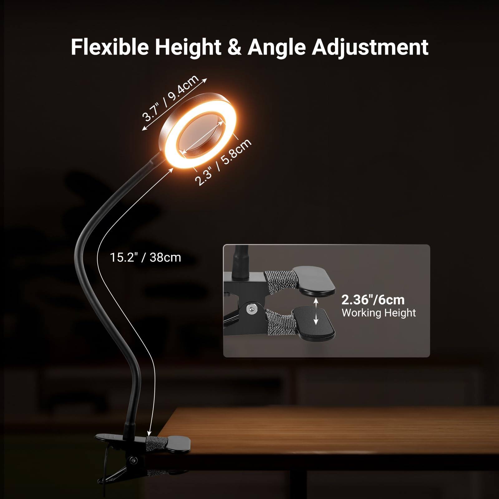 Flexible Height & Angle Adjustment

- 3.7" / 9.4cm
- 2.3" / 5.8cm
- 15.2" / 38cm
- 2.36" / 6cm Working Height