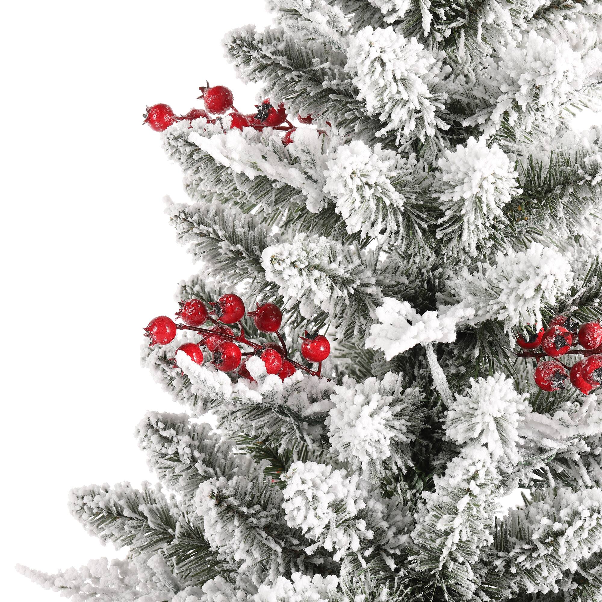 Alt View 9. Glitzhome - 4ft Pre-Lit Flocked Christmas Porch Tree, Red Berries, 60 Warm White/Multi Lights, Foot Pedal - White.