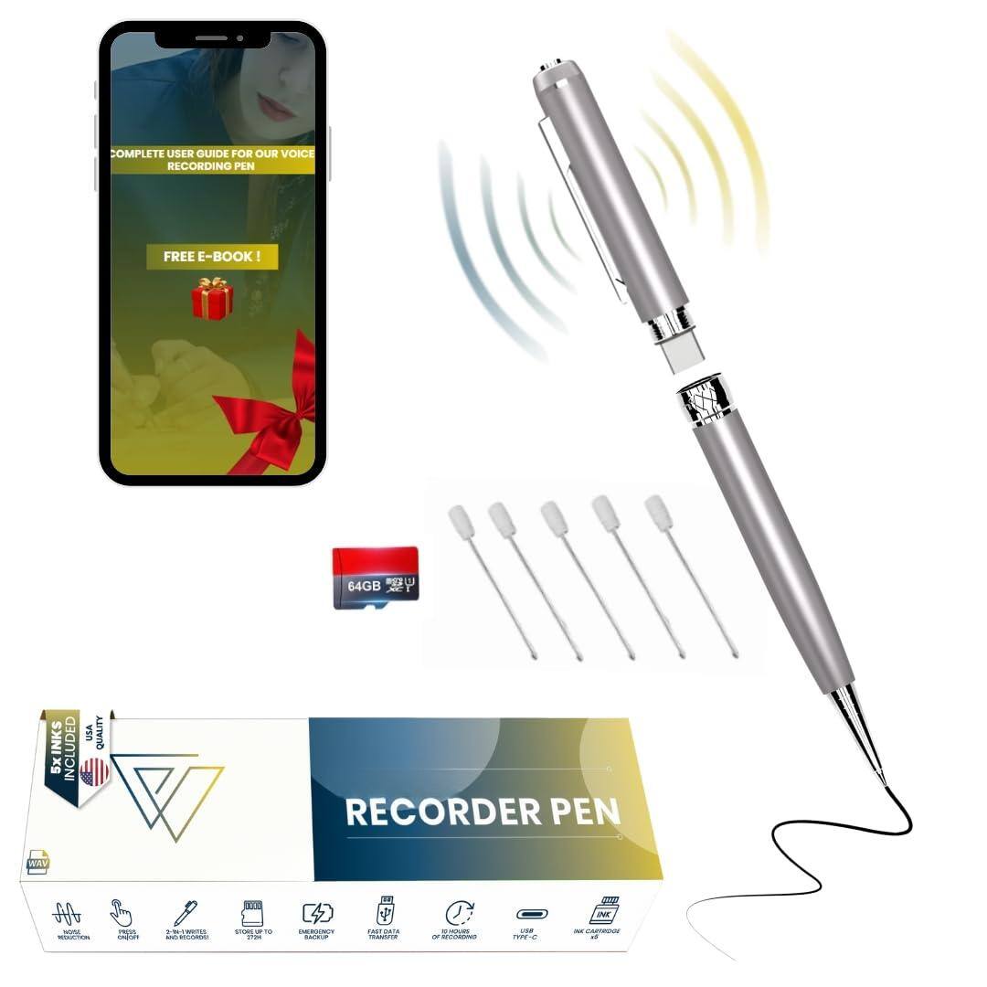 COMPLETE USER GUIDE FOR OUR VOICE RECORDING PEN  
FREE E-BOOK!  

64GB  
5x SKINS INCLUDED  
USA QUALITY RECORDER PEN  

RECORDER PEN  

- 2-IN-1 MICROPHONE  
- STORE UP TO 128GB  
- EMERGENCY LIGHT  
- FAST DATA TRANSFER  
- 10+ HOUR BATTERY  
- USB TYPE-C  
- 3.5MM AUDIO JACK  
- 2.4G REMOTE CONTROL
