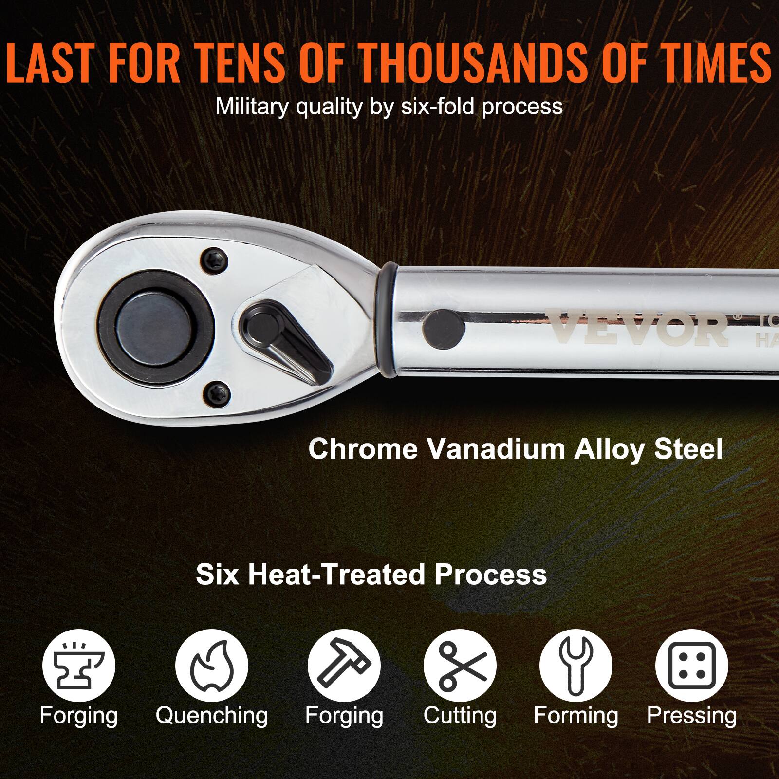 LAST FOR TENS OF THOUSANDS OF TIMES  
Military quality by six-fold process  

Chrome Vanadium Alloy Steel  

Six Heat-Treated Process  
- Forging  
- Quenching  
- Forging  
- Cutting  
- Forming  
- Pressing