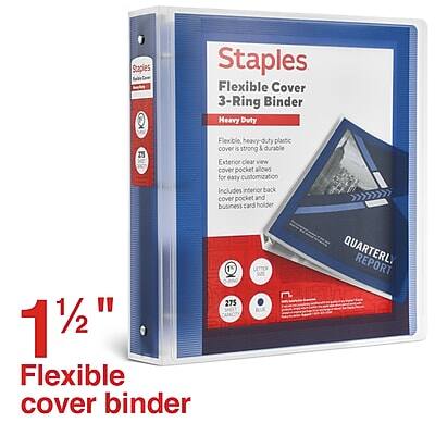 Staples Flexible Cover 3-Ring Binder Heavy Duty

- Flexible, heavy-duty plastic cover is strong & durable
- Exterior clear view cover pocket allows for easy customization
- Includes interior back cover pocket and business card holder
- 1 1/2" Flexible cover binder
- 275 QUARTERLY REPORT

1 1/2" Flexible cover binder