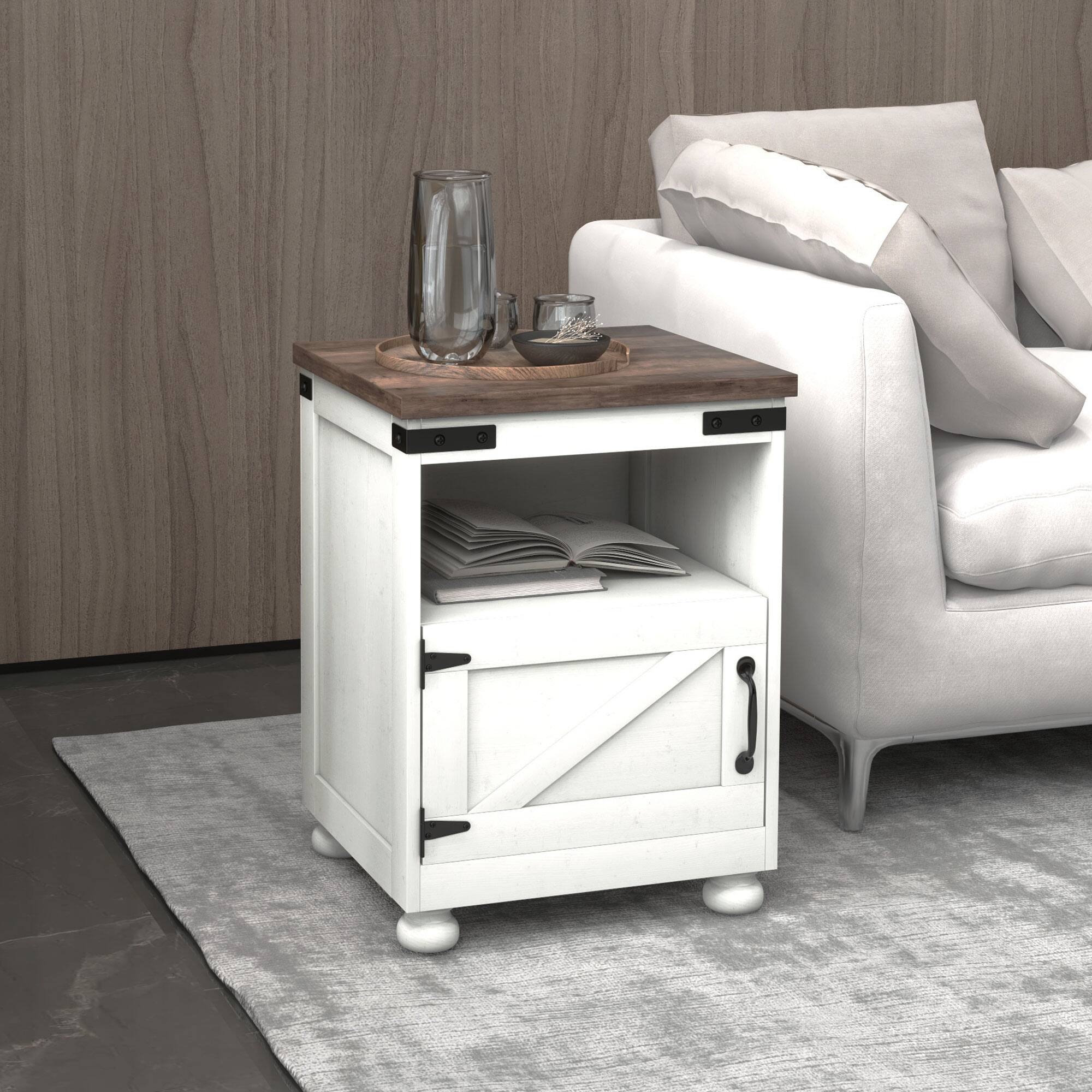 Alt View 8. Homcom - Small Side Table with Storage, Farmhouse End Table with Open Shelf and Cupboard, Modern Sofa Table for Living Room - White.