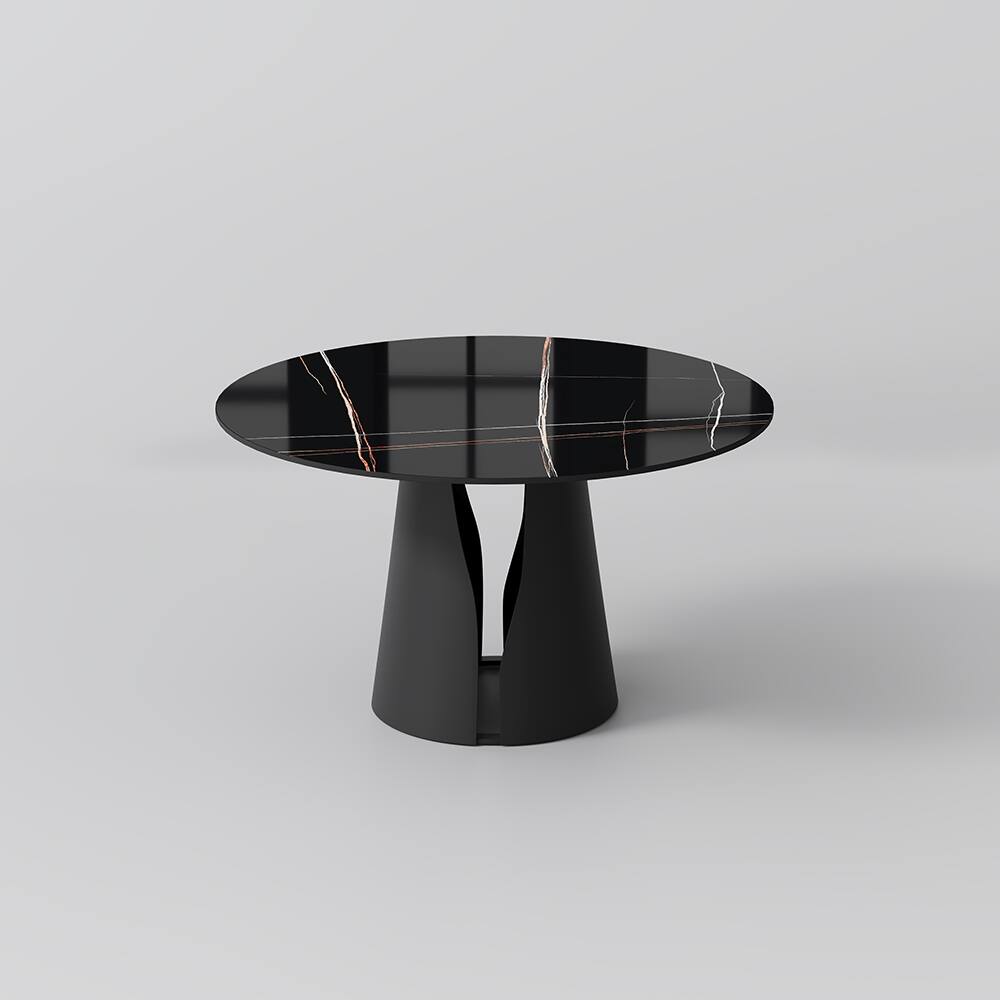 Alt View 3. POVISON - 59" Modern Round Kitchen Dining Table for 6, Glossy Pandora Sintered Stone Tabletop with Solid Bronze Carbon Steel Base - Pandora & Bronze Steel Base.