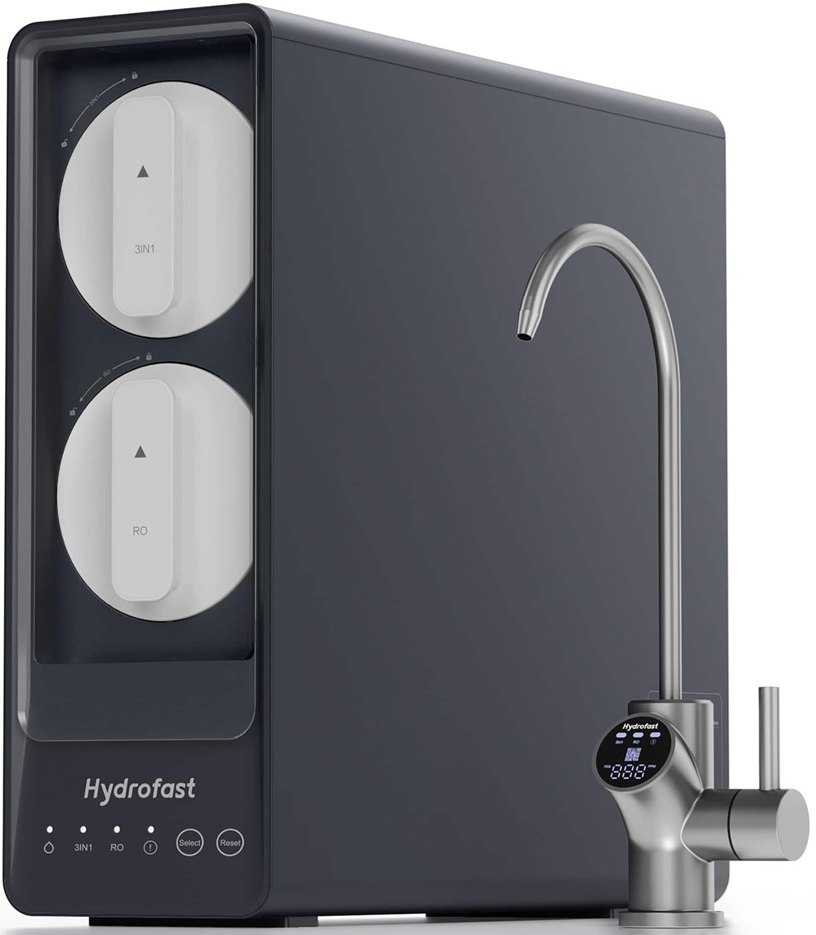 Hydrofast - UB200D Under-Sink Reverse Osmosis Water Purifier, 800GPD High-Flow, 9-Stage Filtration, Smart LED Faucet with monitoring - Dark Gray