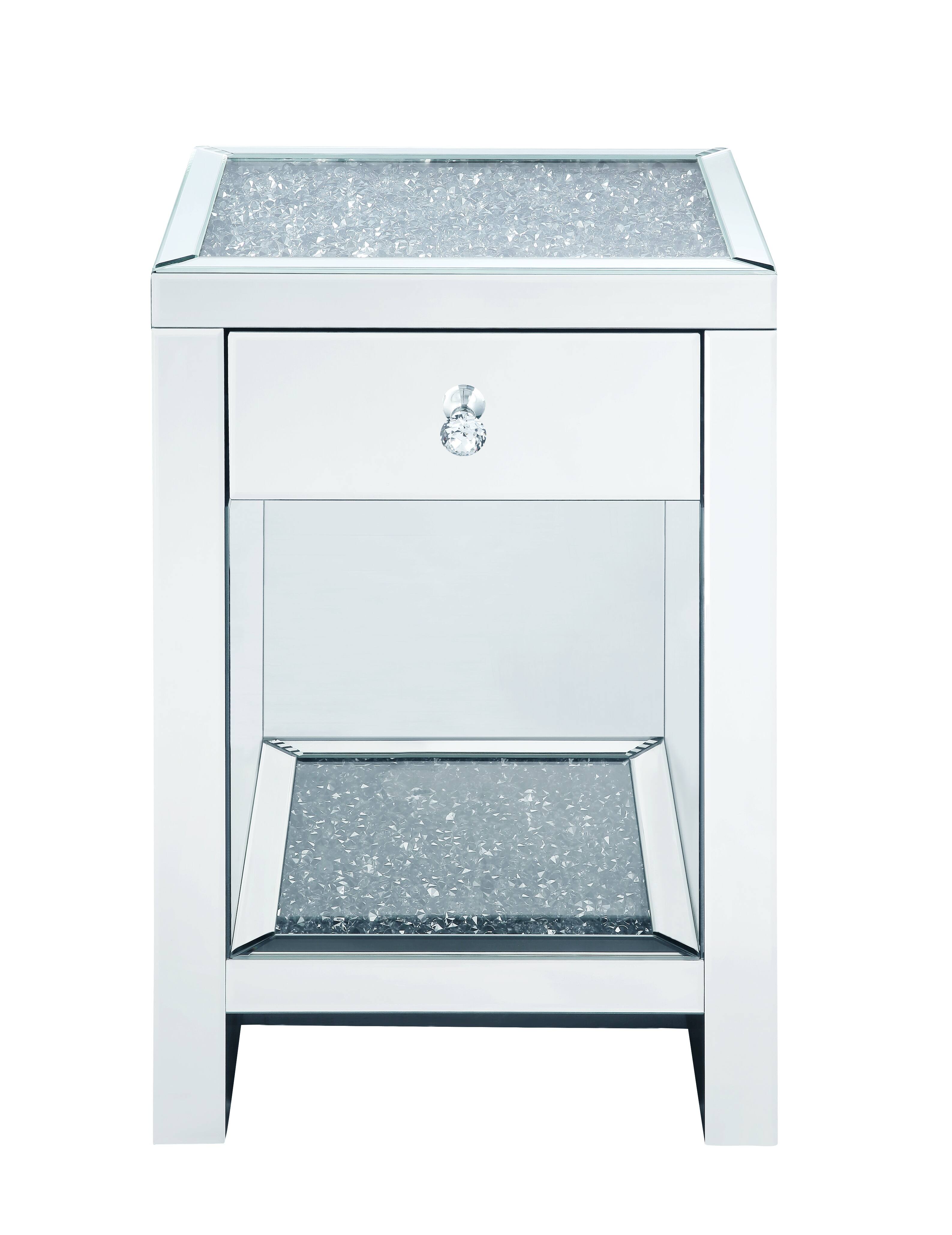 Alt View 2. Manhattan Lane - Mirrored Wooden Night Table with 1 Drawer and Bottom Shelf - Silver.