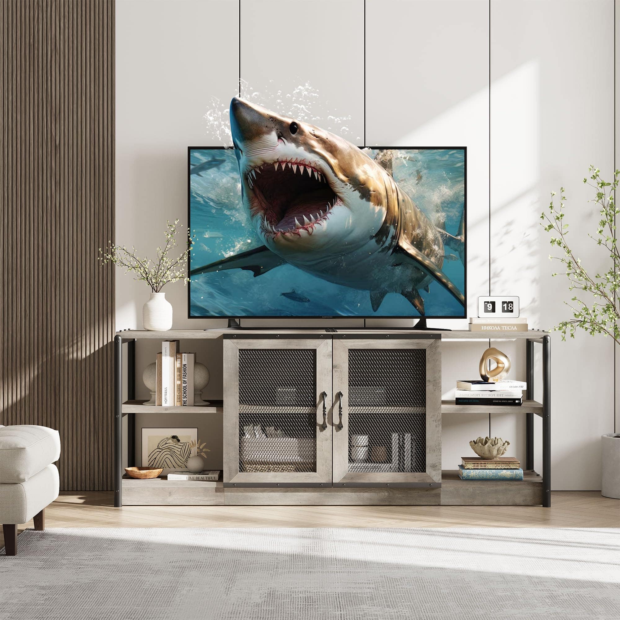 GARVEE - TV Stand for 65+ Inch TV, Farmhouse Television Stands with Mesh Door and Shelves - Gray