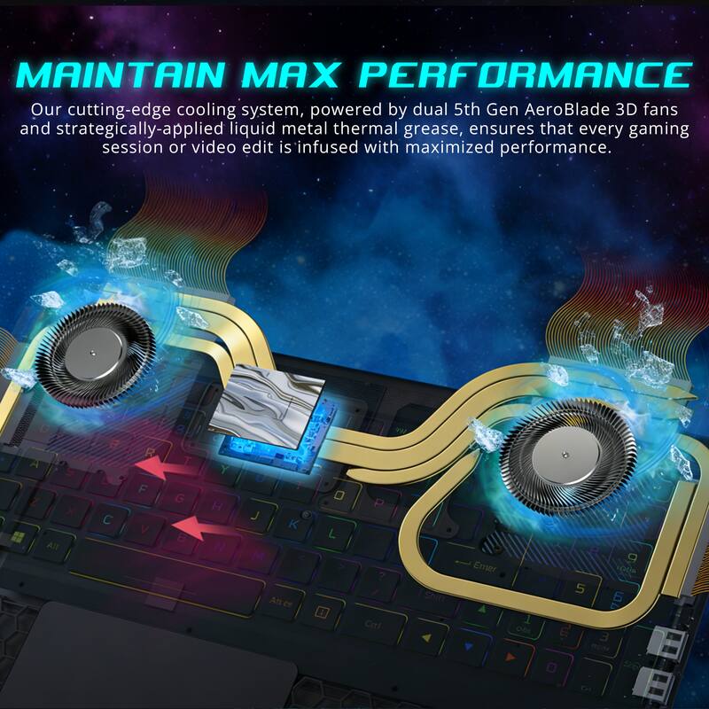 MAINTAIN MAX PERFORMANCE

Our cutting-edge cooling system, powered by dual 5th Gen AeroBlade 3D fans and strategically-applied liquid metal thermal grease, ensures that every gaming session or video edit is infused with maximized performance.