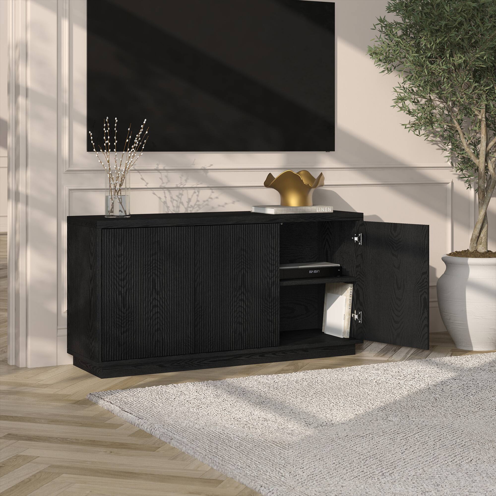 Alt View 4. Hudson&Canal - Hanson Rectangular Fluted TV Stand for TV's up to 55" in Black Grain - Black Grain.