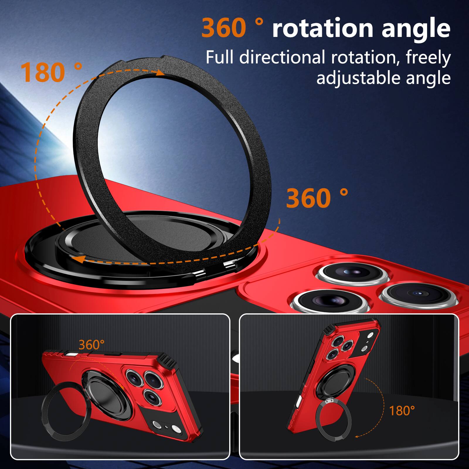 360° rotation angle  
Full directional rotation, freely adjustable angle  

180°  
360°