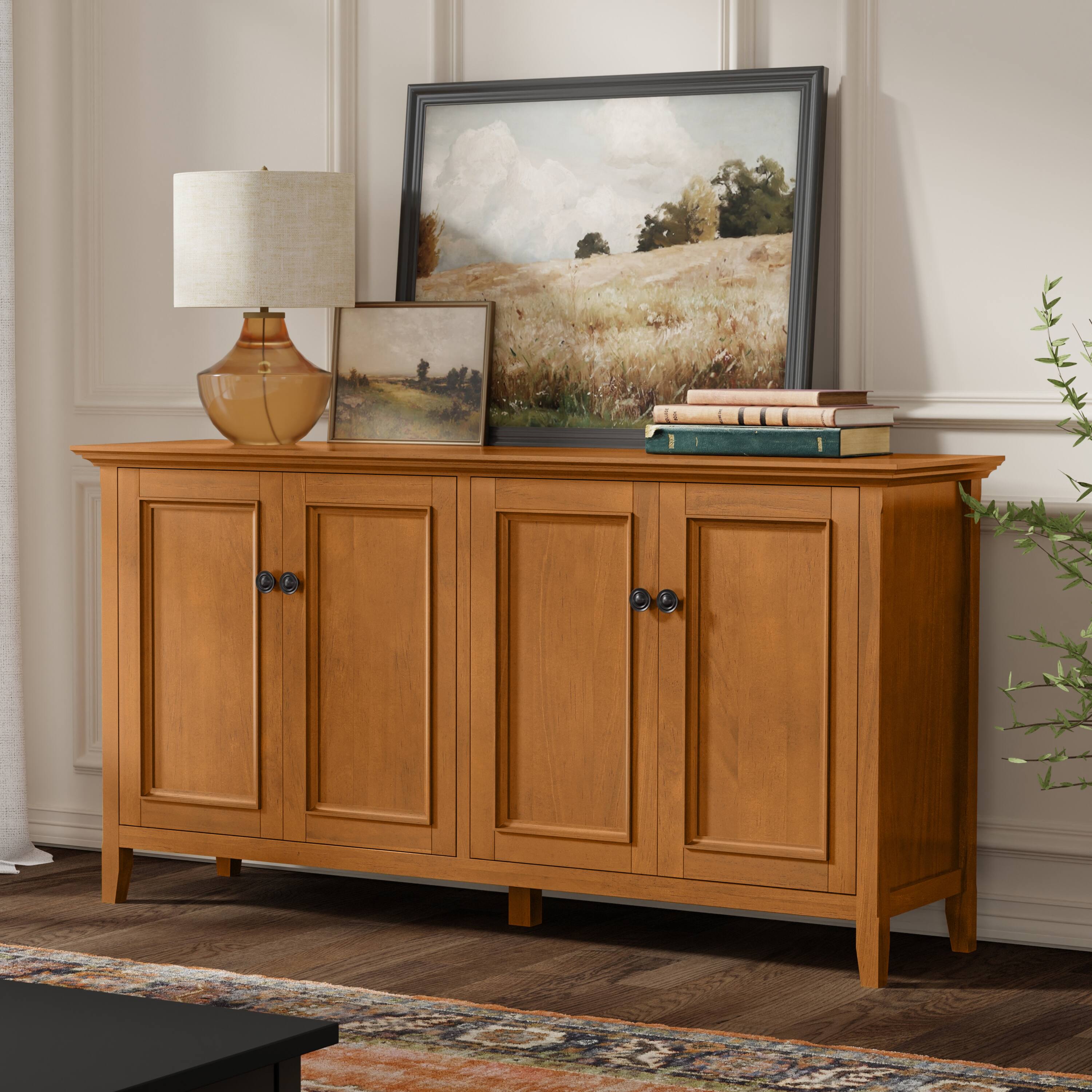 Angle. Simpli Home - Amherst 66 inch Wide Solid Wood Transitional 4 Door Storage Cabinet in Light Golden Brown - Light Golden Brown.