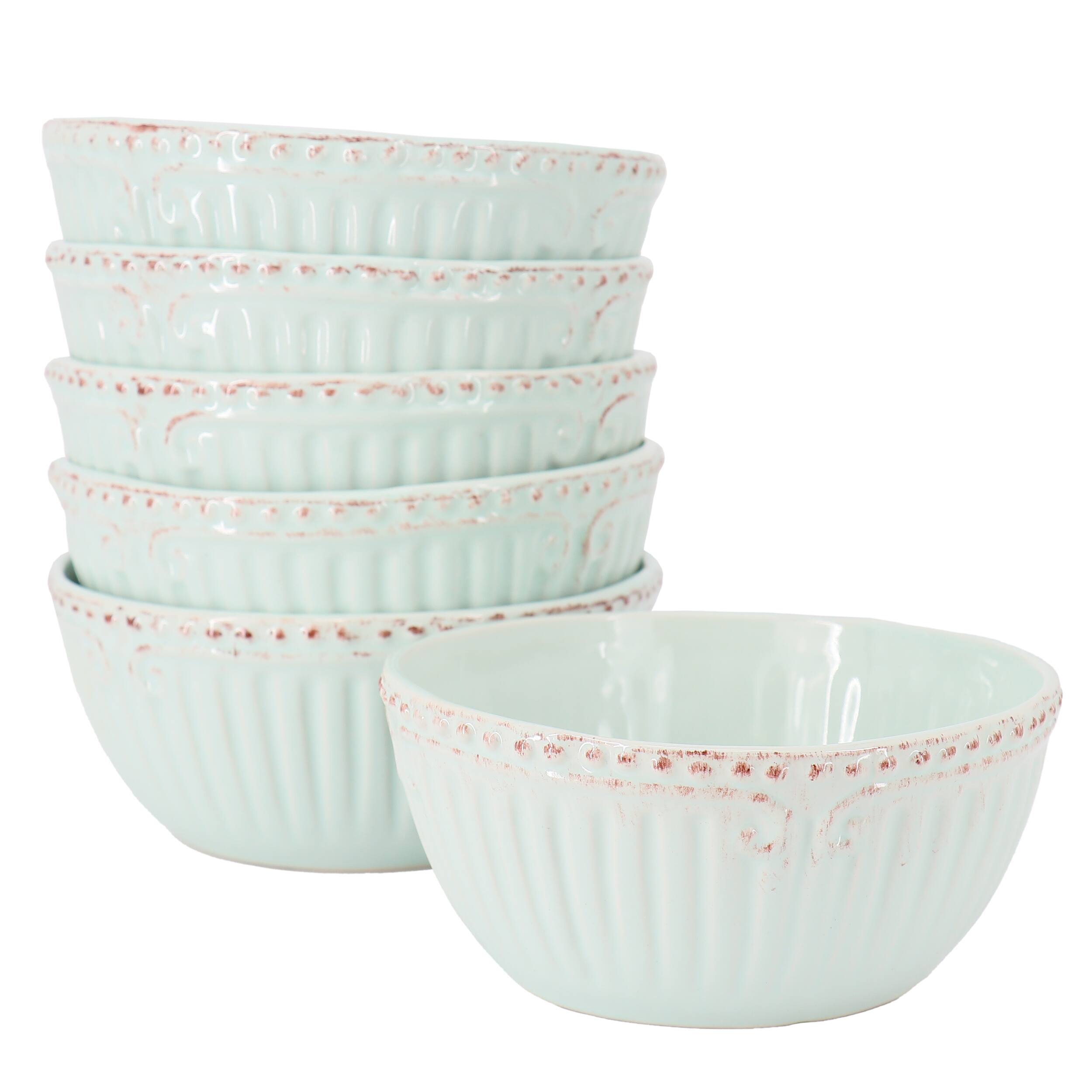 Modern Southern Home - Capri 6 Piece 6 Inch Stoneware Embossed Cereal Bowl Set in Egg Blue - Mint