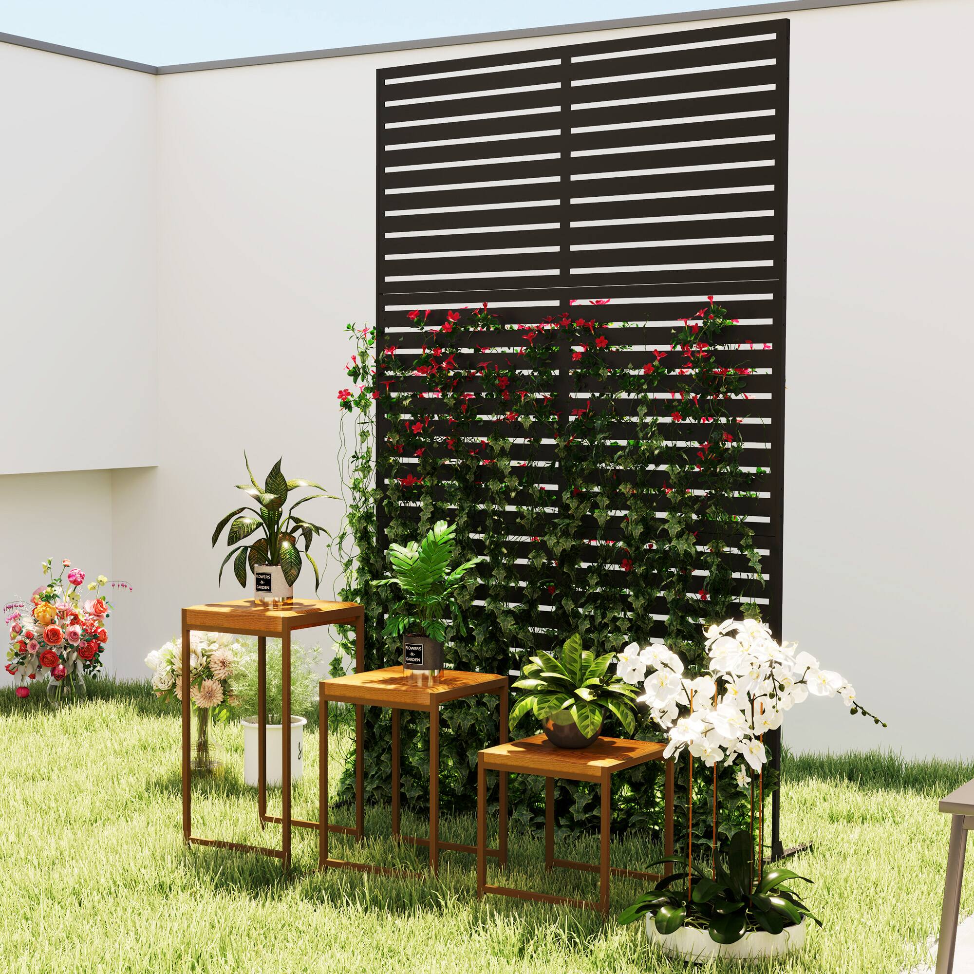 Alt View 7. Outsunny - Privacy Fence Screen, Metal Outdoor Privacy Screen Climbing Plant Trellis with Stand - Black.