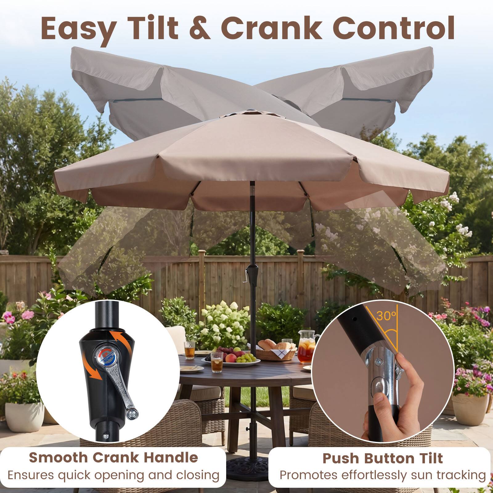 Easy Tilt & Crank Control

Smooth Crank Handle Ensures quick opening and closing

Push Button Tilt Promotes effortlessly sun tracking